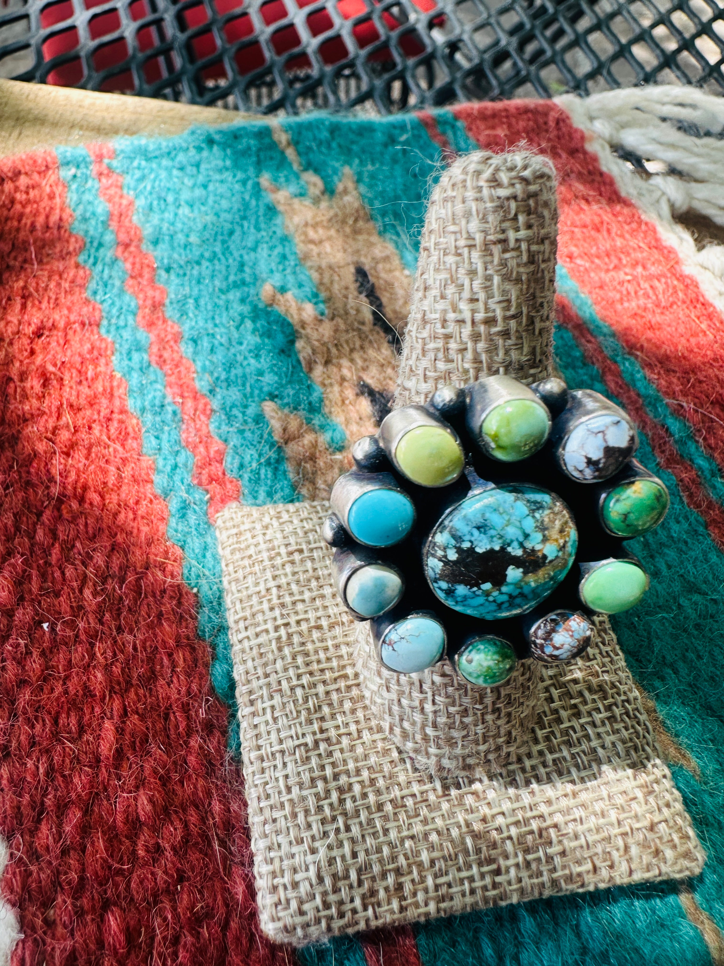 Handcrafted Sterling Silver & Turquoise Cluster Adjustable Ring