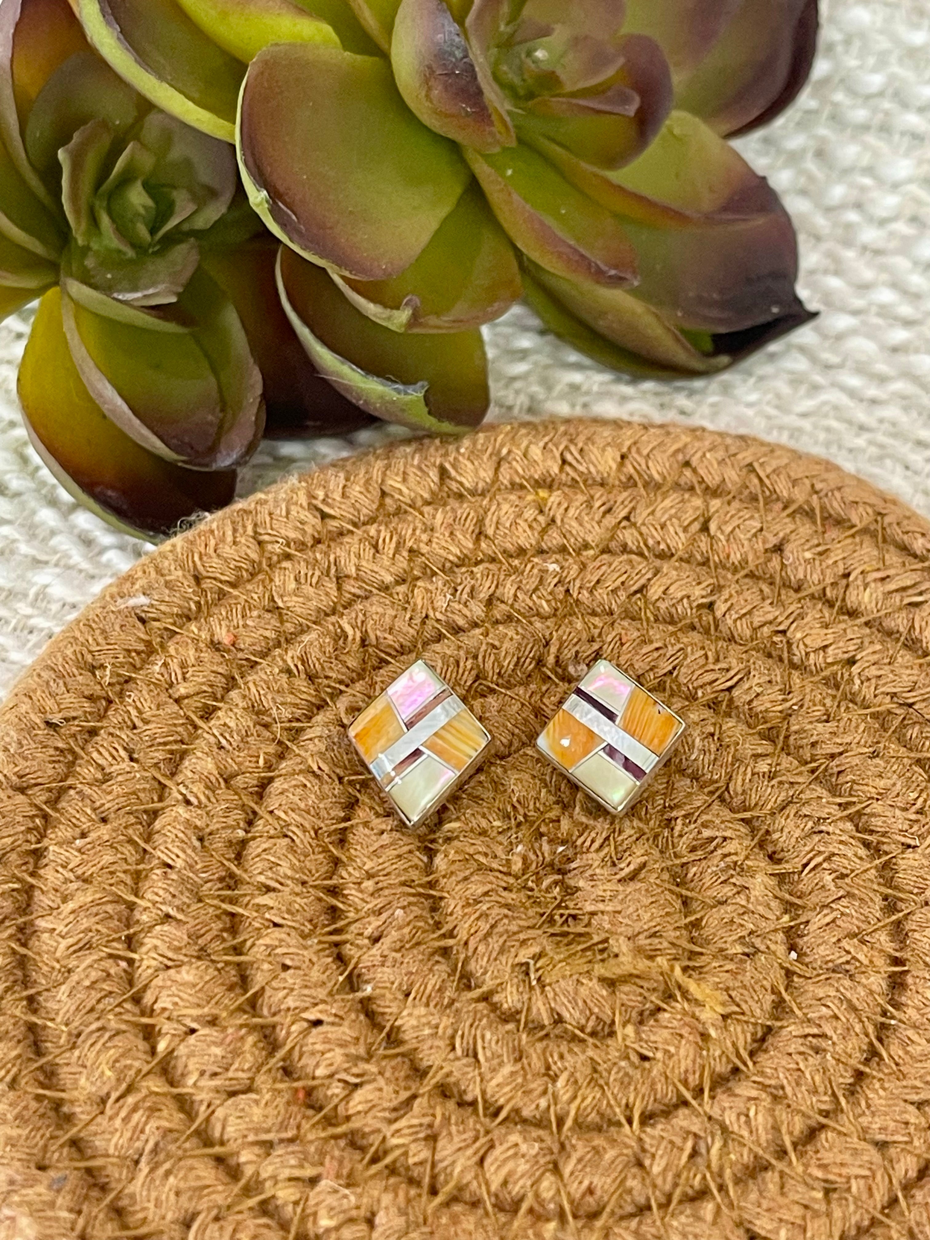 Gorgeous Handmade Sterling Silver & Multi Stone Inlay Stud Earrings