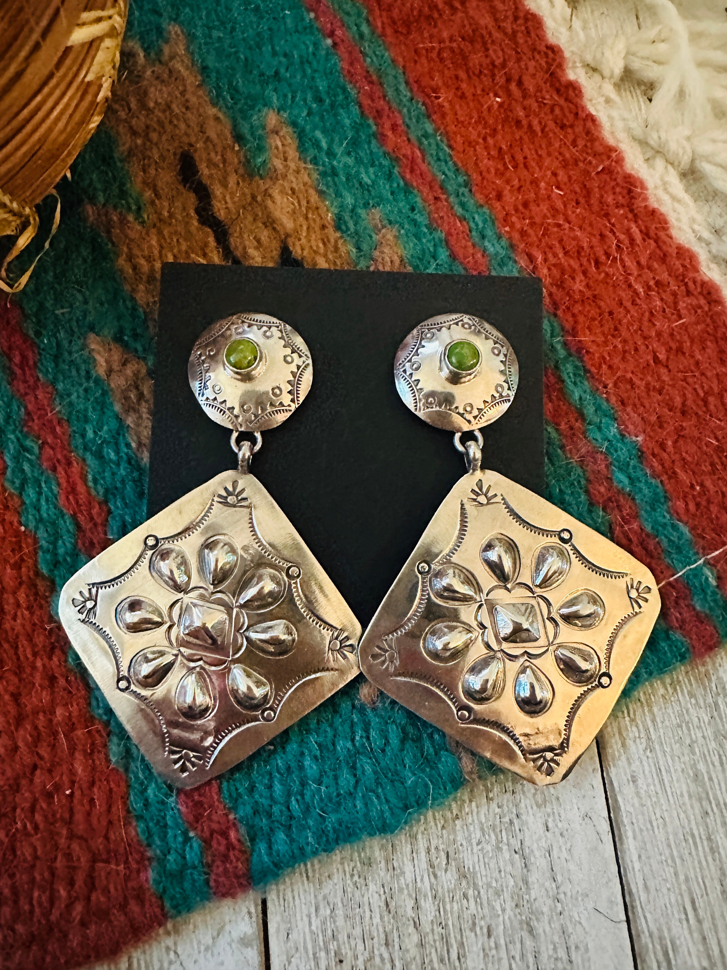 Handcrafted Turquoise & Sterling Silver Concho Dangle Earrings by Benson Shorty
