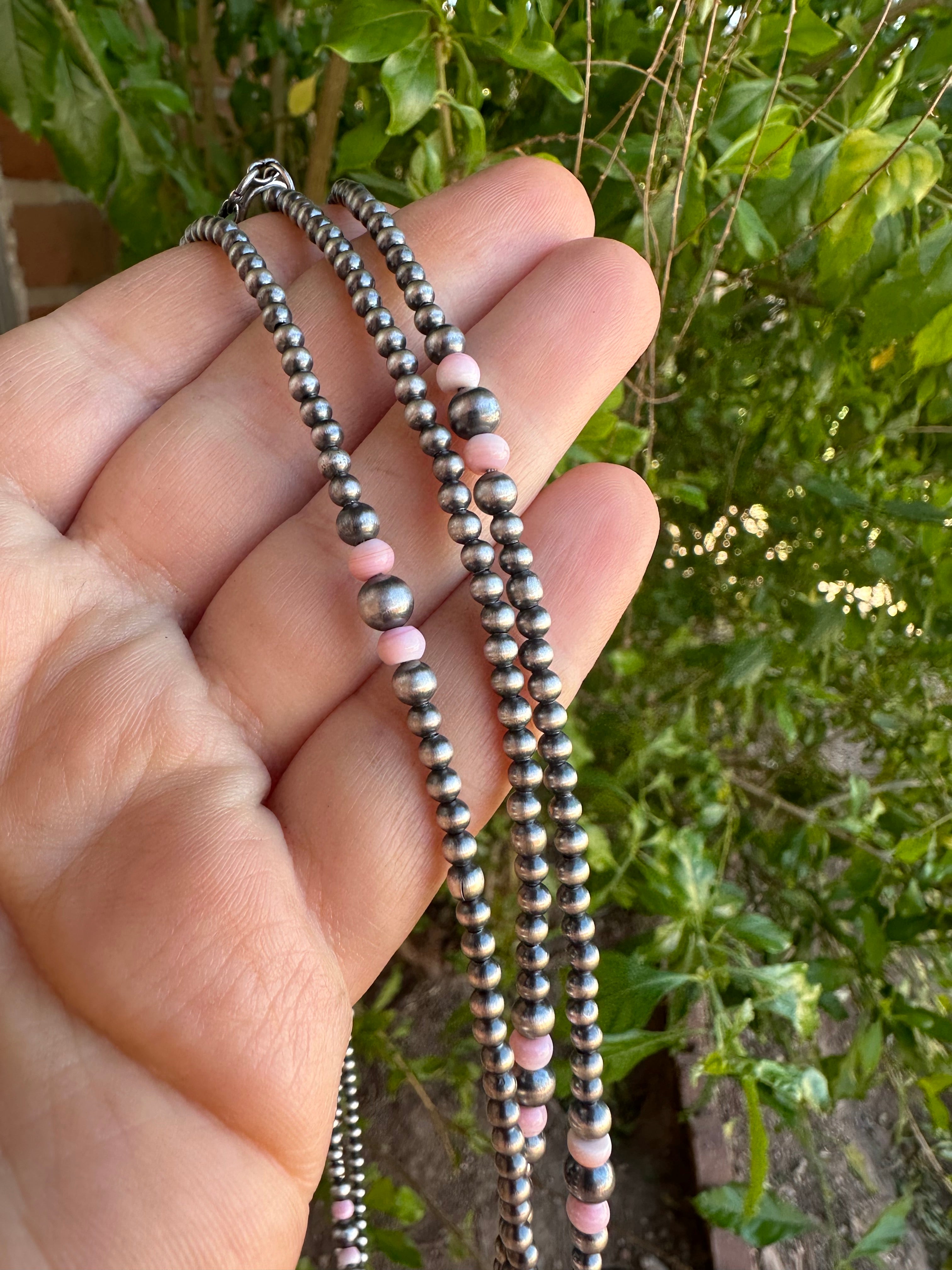 Handmade Sterling Silver 3-5mm Pink Conch Beaded Necklace 60”