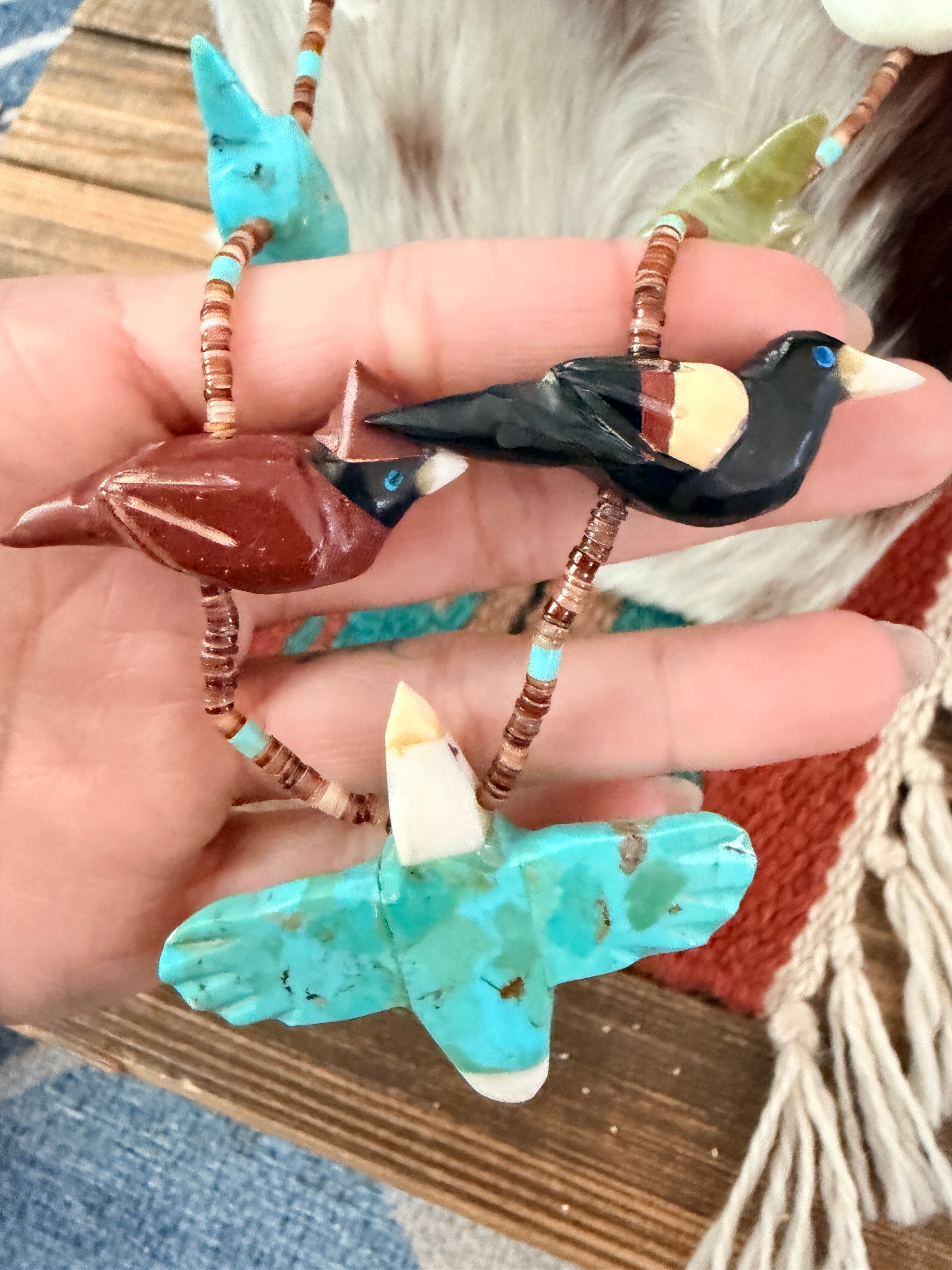 Old Pawn Handcrafted Multi Stone Fetish Bird Beaded 30” Necklace
