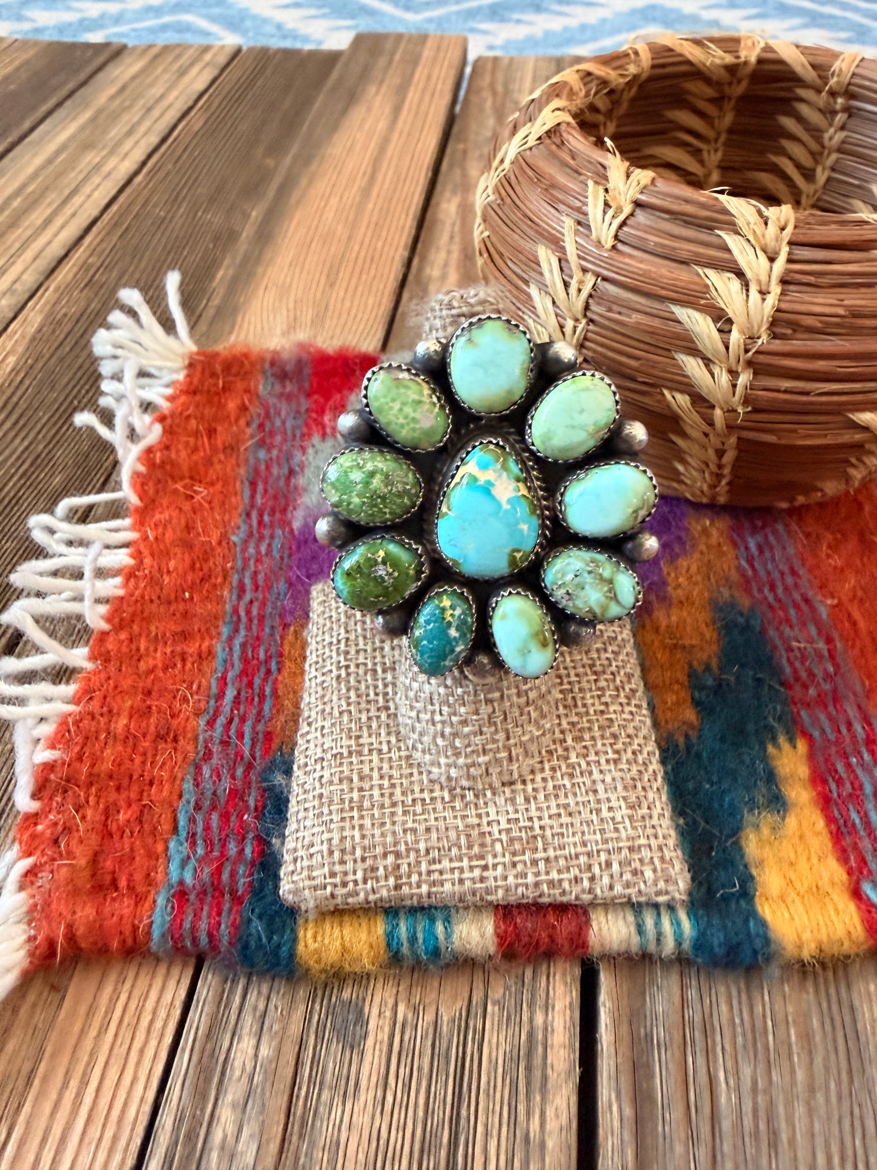 Handcrafted Sonoran Mountain Turquoise & Sterling Silver Cluster Adjustable Ring