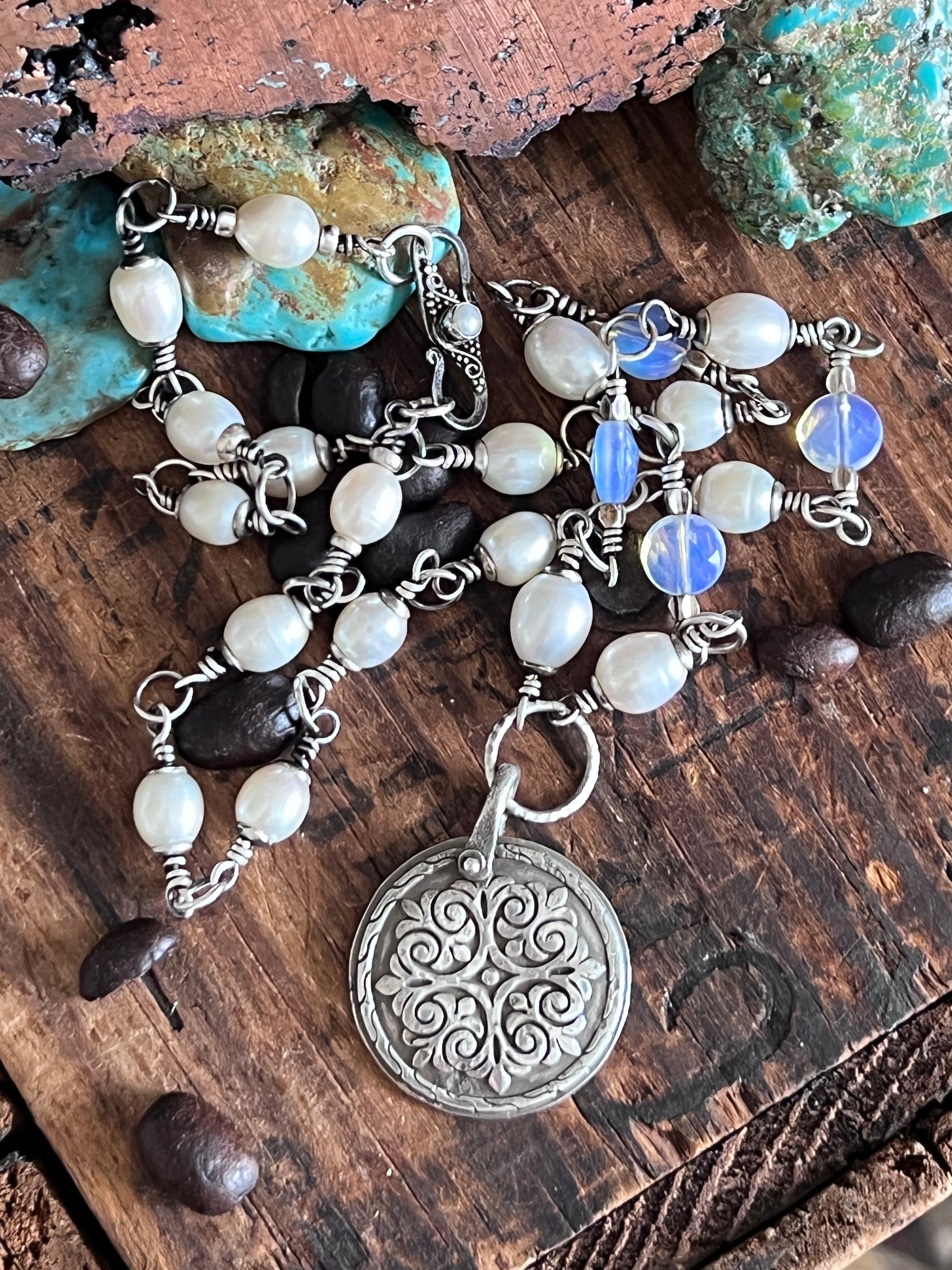 Tularosa Rosary Style Sterling Silver and Freshwater Pearl Siren’s Song Relic Coin Beaded Necklace