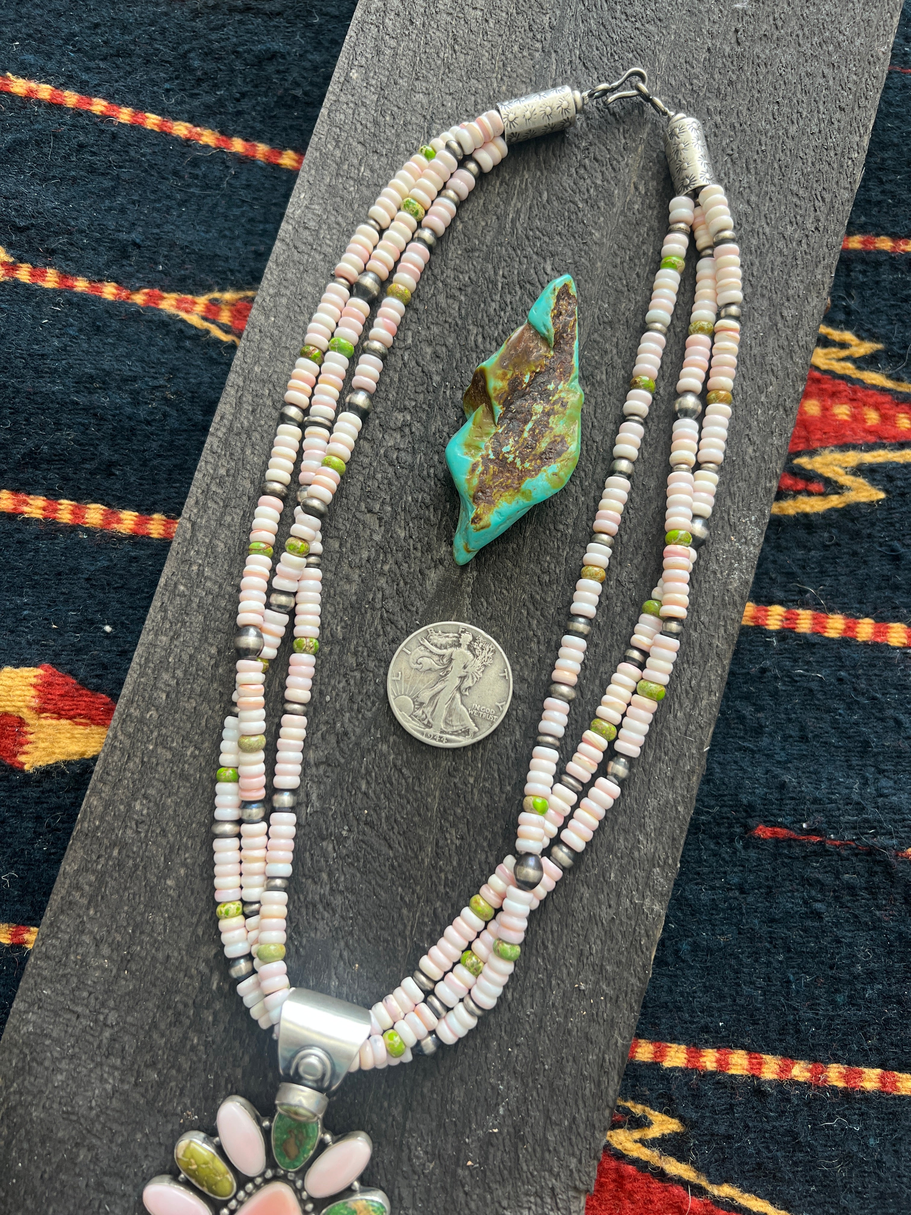 Handcrafted Sonoran Gold Turquoise, Sterling Silver and Pink Conch Cluster Pendant w/ Beaded Multistrand Necklace by Patrick Yazzie