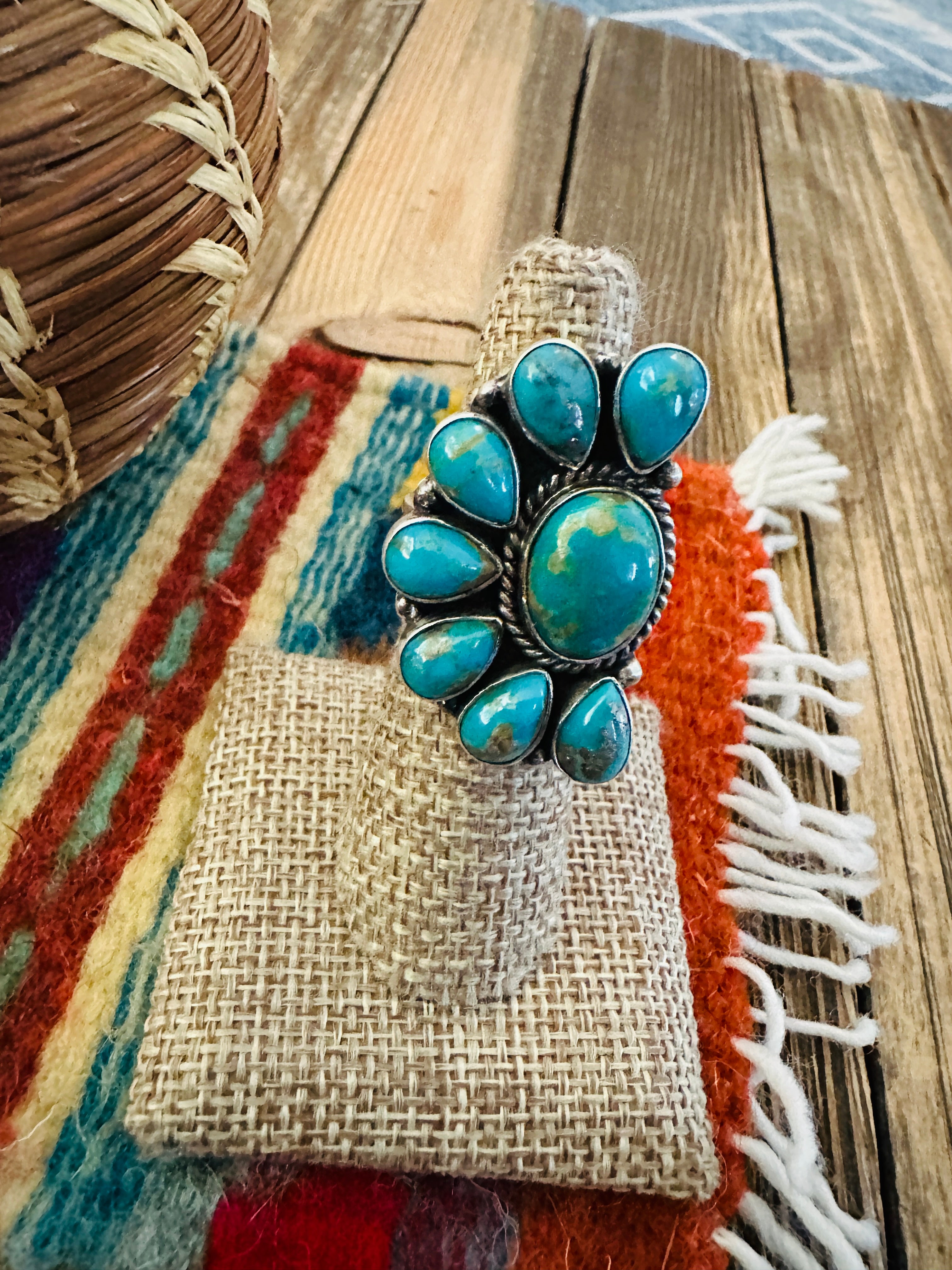 Handcrafted Turquoise & Sterling Silver Adjustable Cluster Ring by Elouise Richards