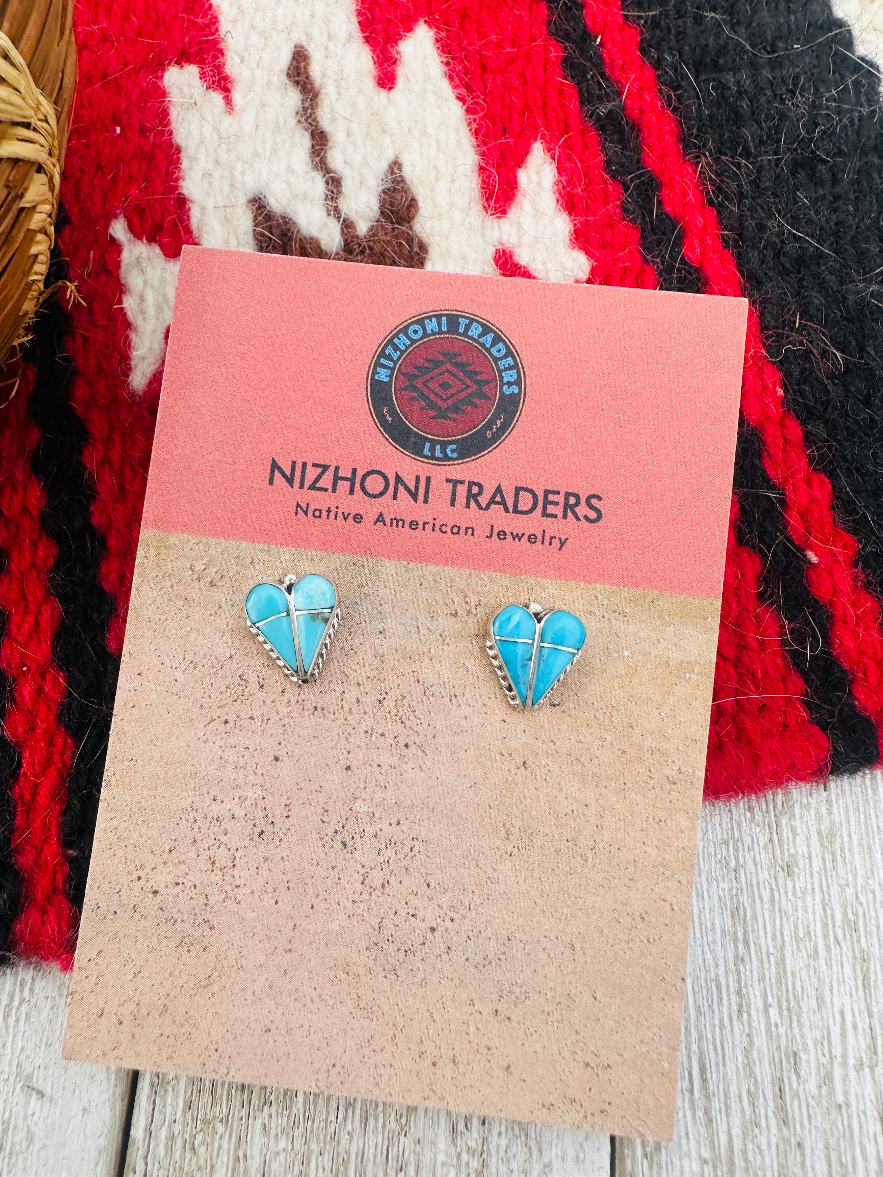 Handcrafted Turquoise & Sterling Silver Inlay Heart Stud Earrings
