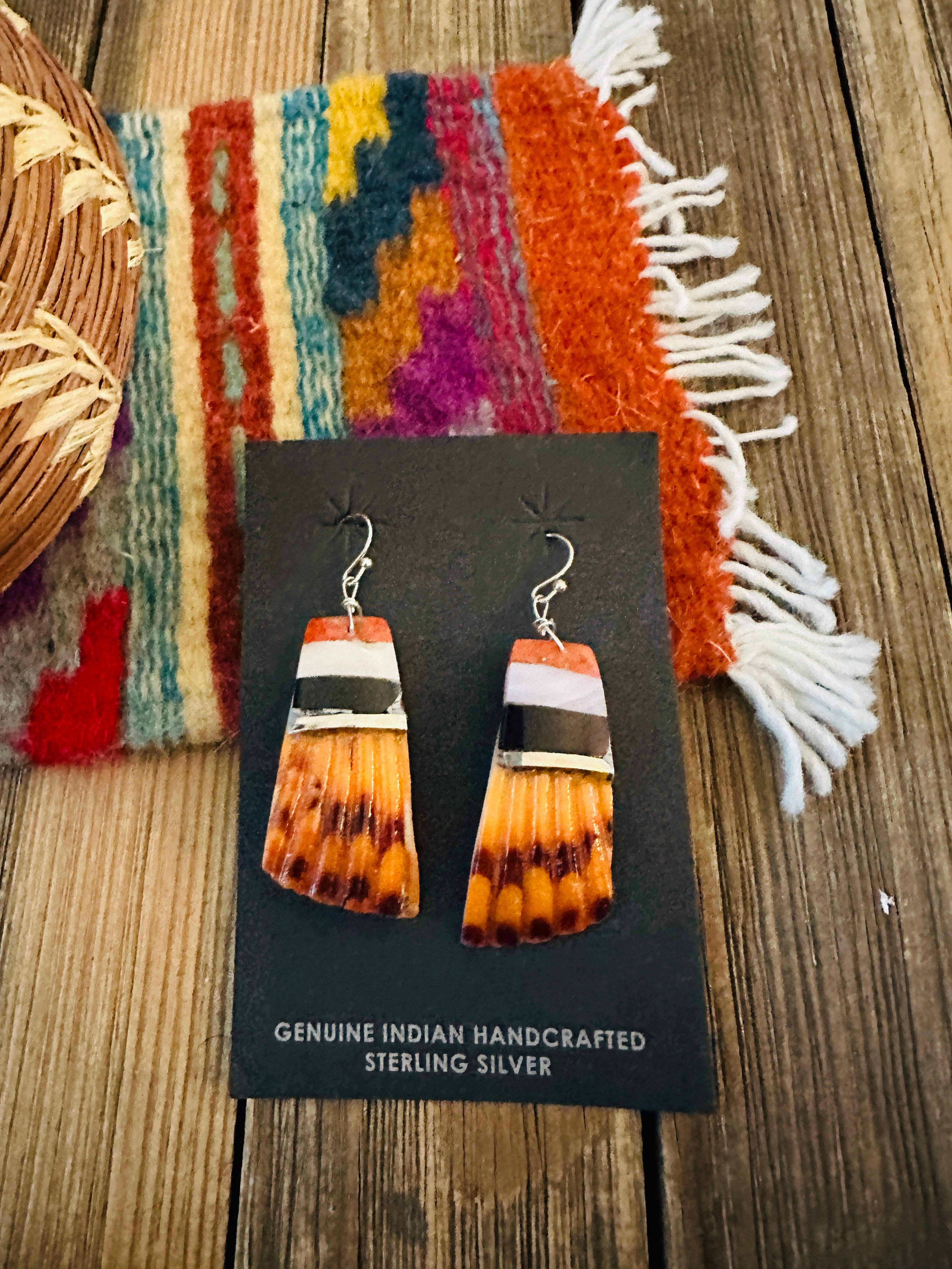 Handcrafted Multi Stone Inlay & Shell Dangle Earrings