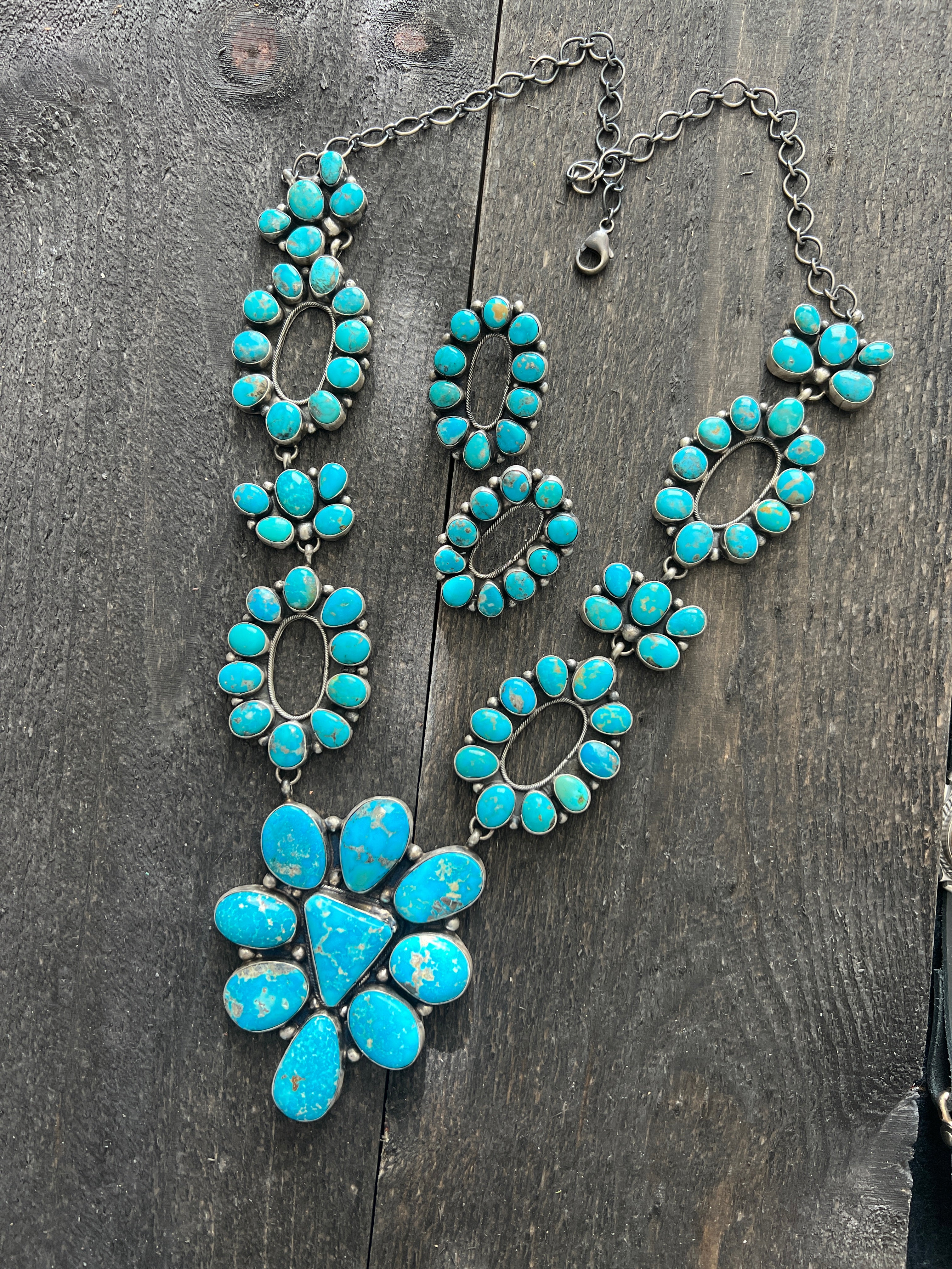 Handcrafted Sterling Silver and Whitewater Campitos Turquoise Cluster Necklace and Earring Set by Sheila Becenti