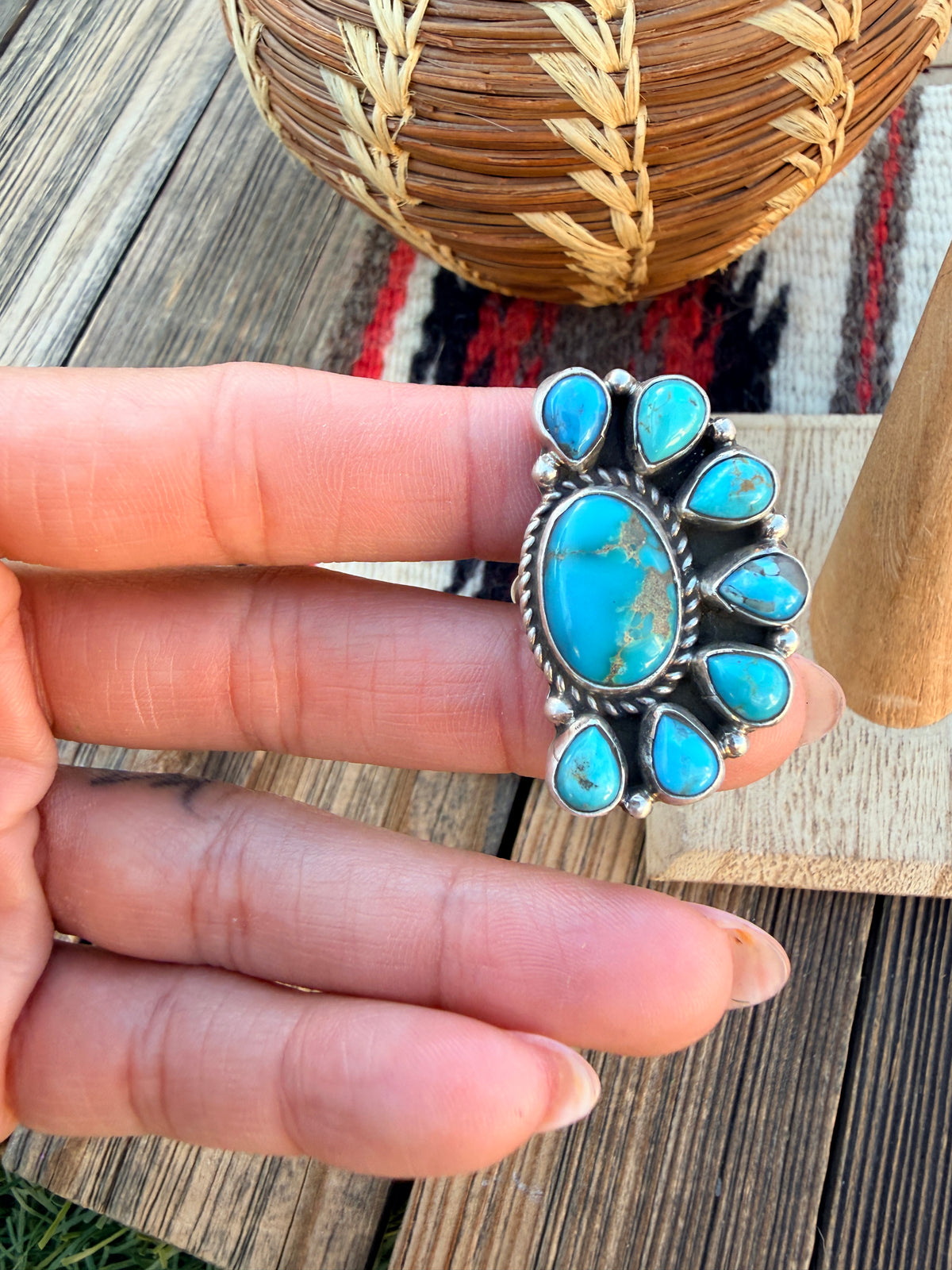 Handcrafted Turquoise & Sterling Silver Cluster Adjustable Ring by Geraldine James
