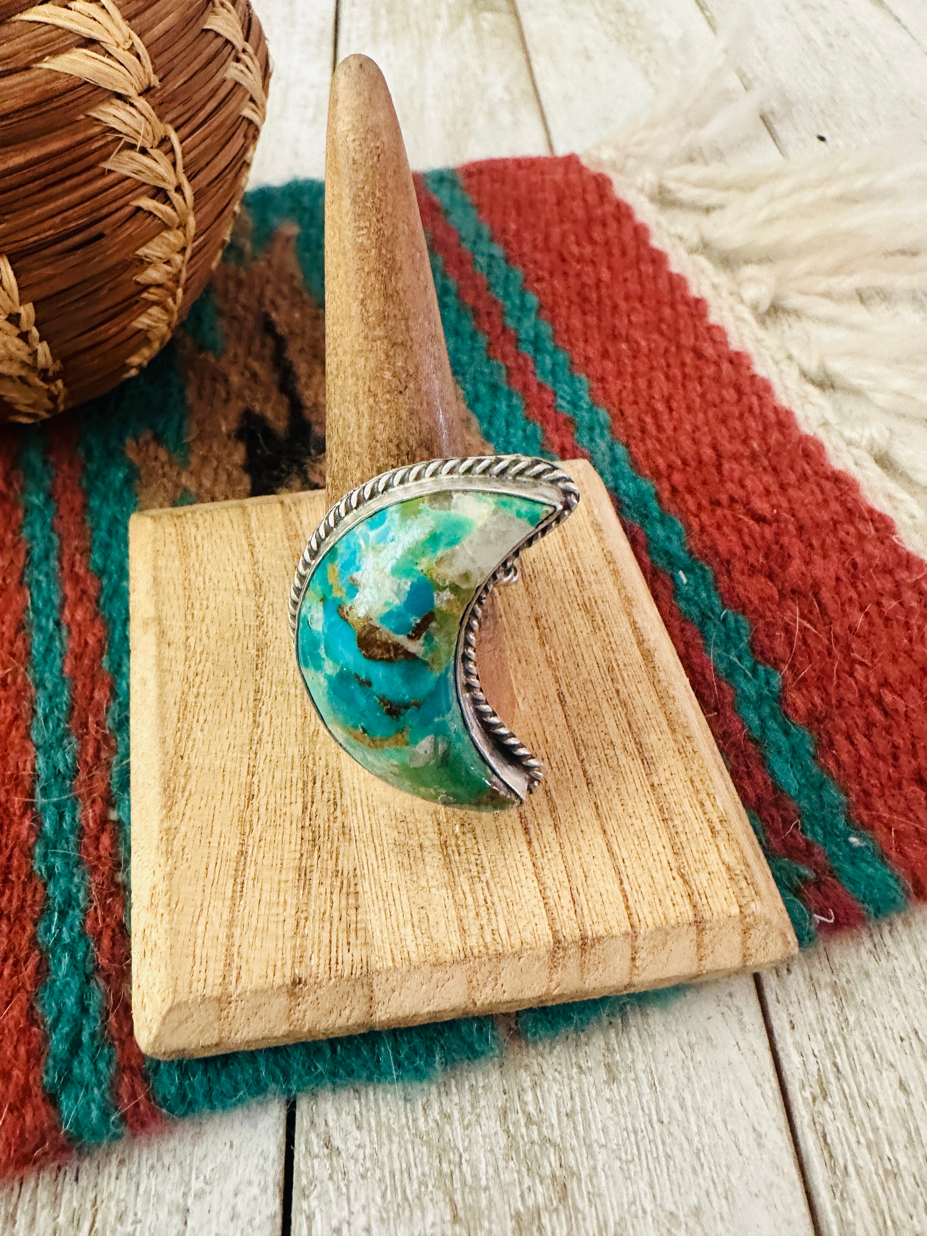Handcrafted Turquoise & Sterling Silver Adjustable Moon Ring