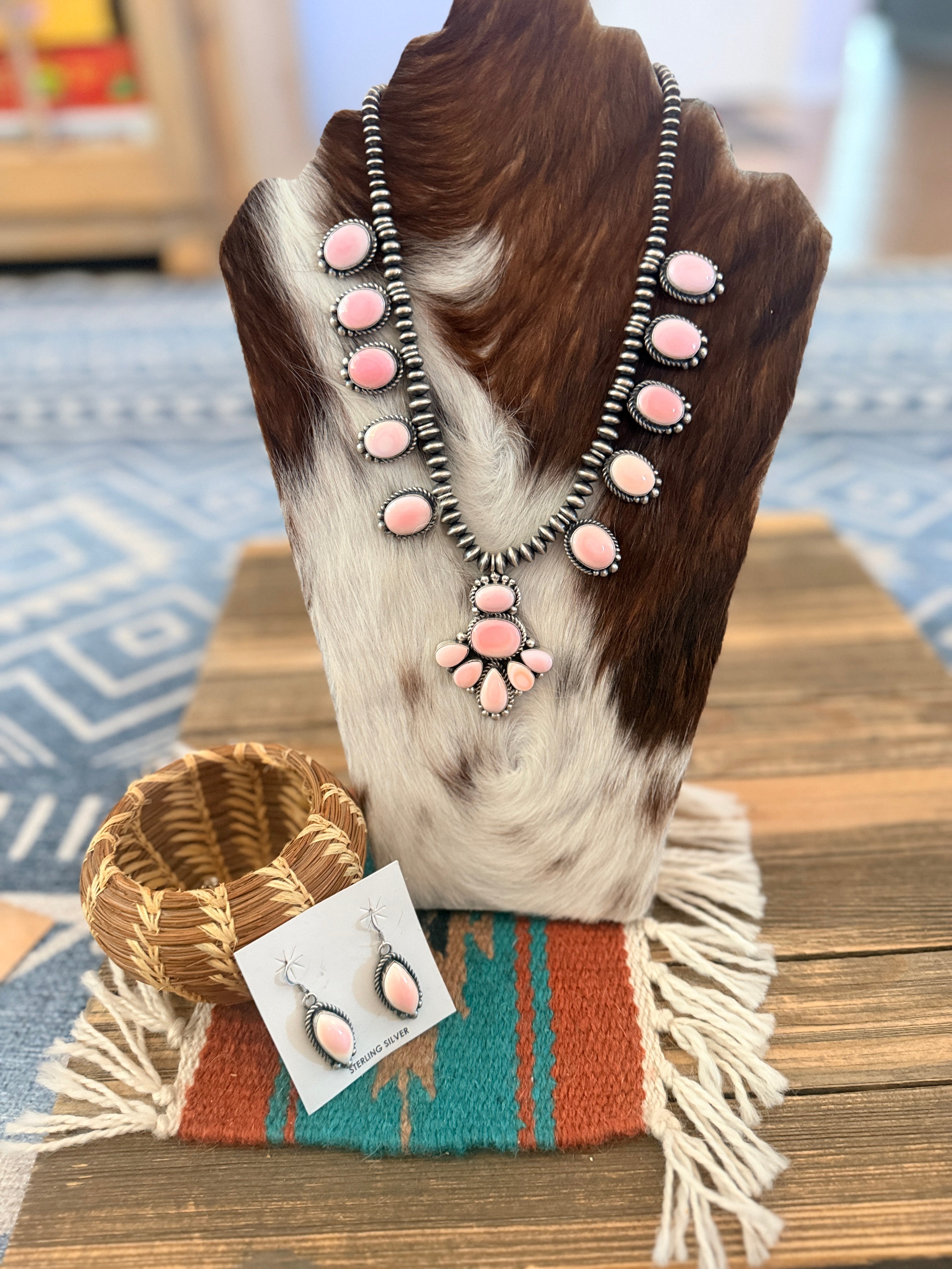 Handcrafted Queen Pink Conch & Sterling Silver Cluster Necklace and Earring Set
