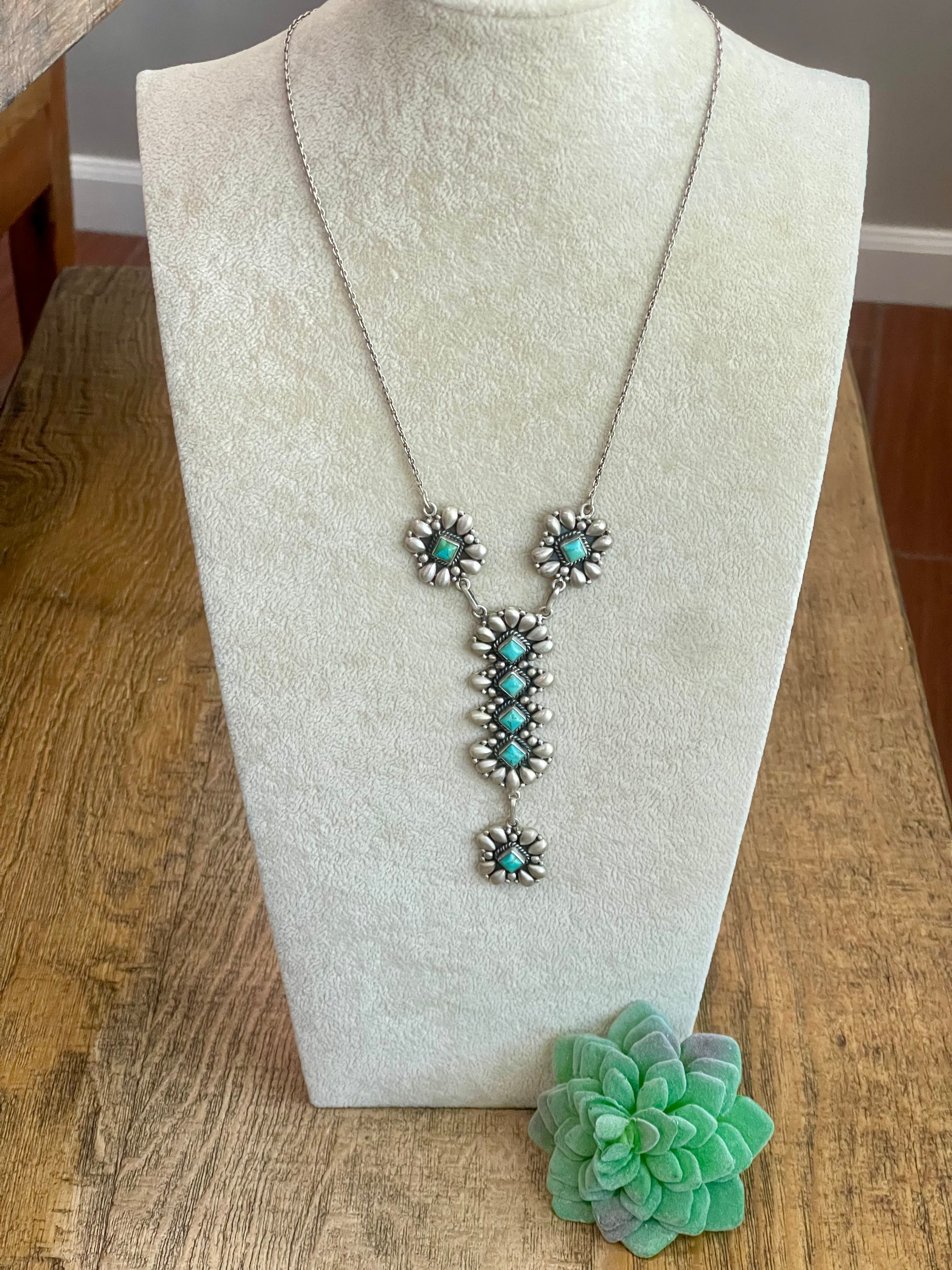 Handmade Turquoise & Sterling Silver Lariat Necklace Signed Nizhoni