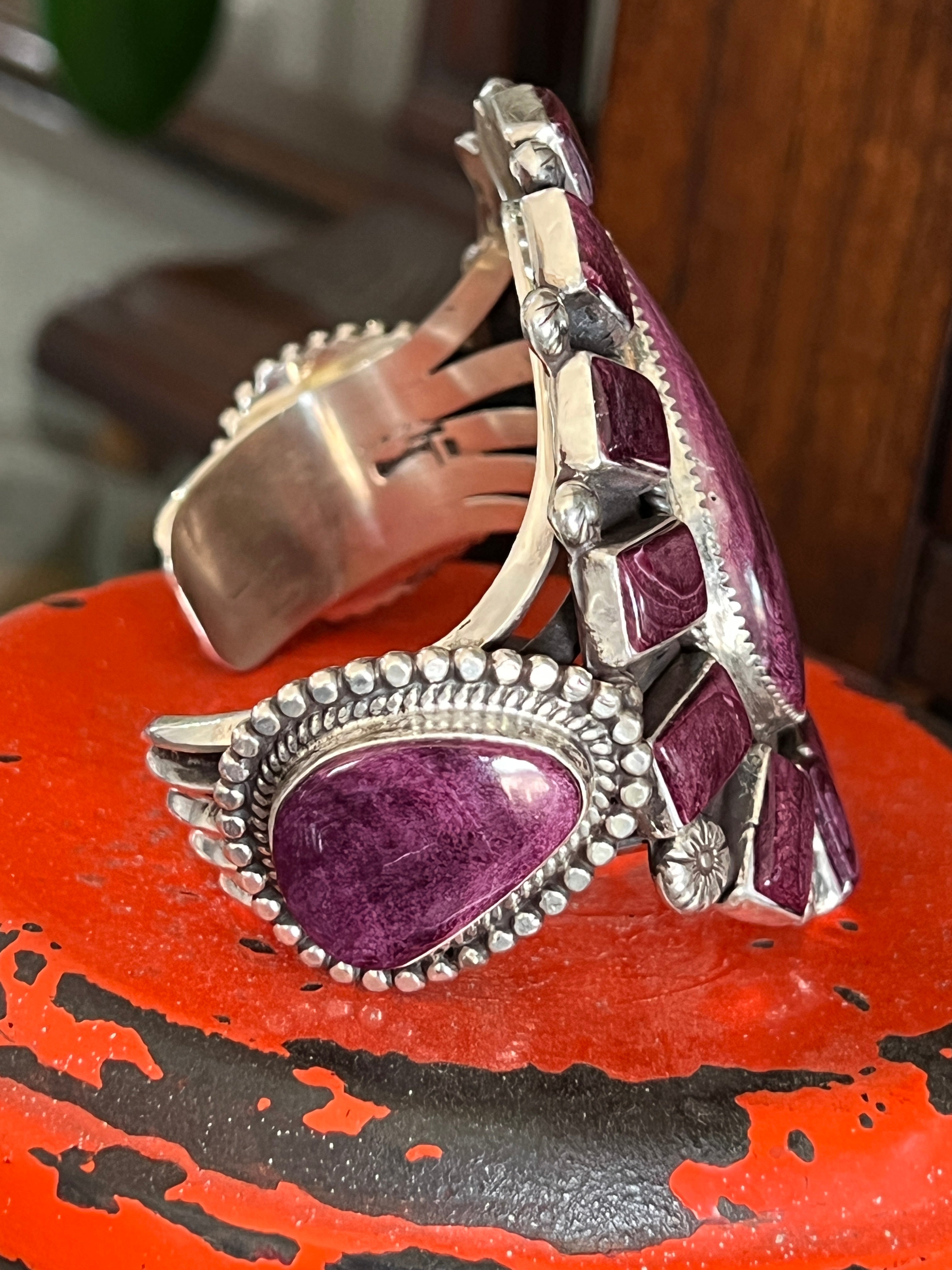 Handcrafted Sterling Silver and Purple Spiny Oyster Shell Cuff Bracelet by Tyler Brown /