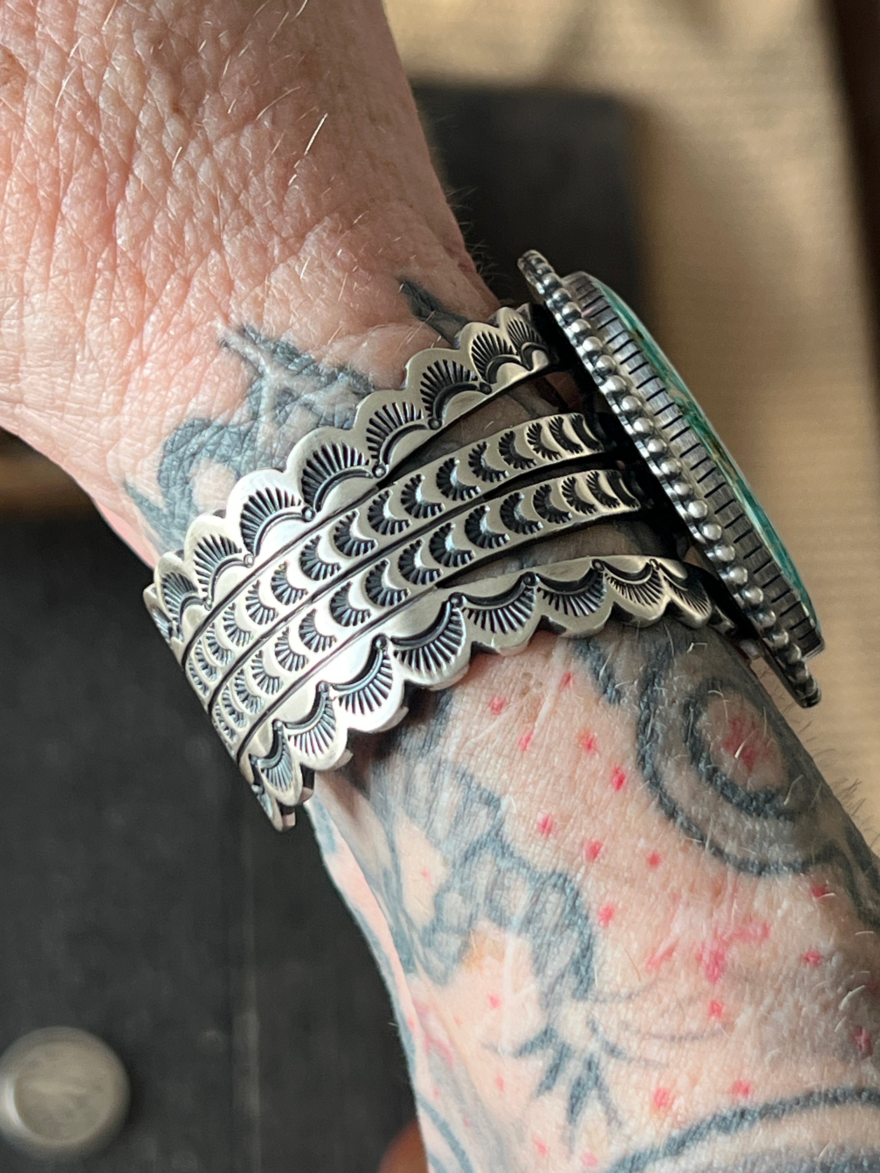 Handcrafted and Hand Stamped Sterling Silver and Royston Turquoise Cuff Bracelet by Diane Wylie