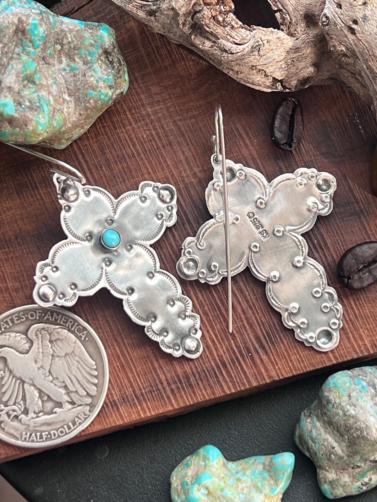 Hand Stamped Cloud Design Sterling Silver Cross Dangle Earrings with Kingman Turquoise by Kimari Somers