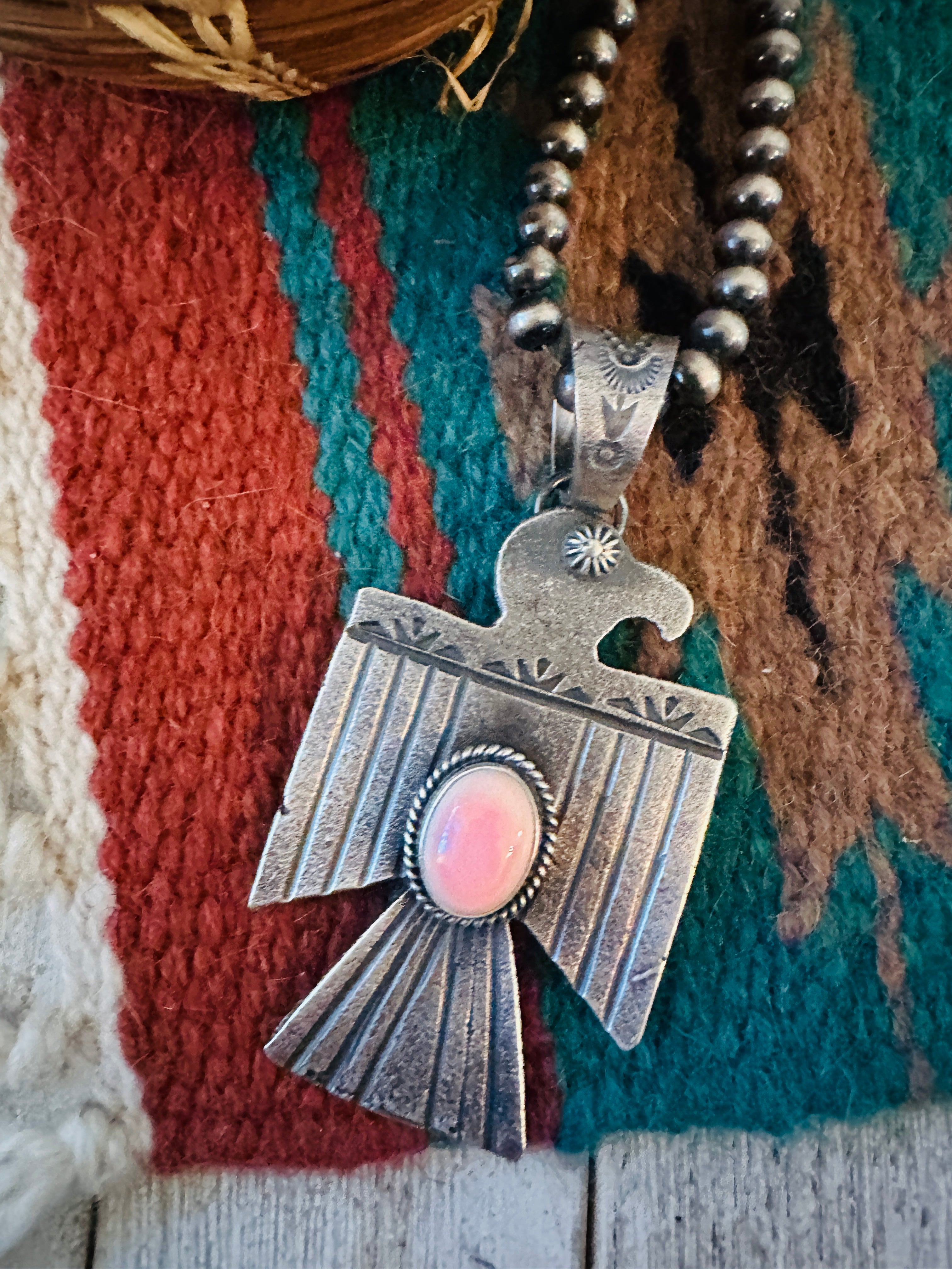 Handcrafted Sterling Silver & Queen Pink Conch Thunderbird Pendant by Kevin Billah