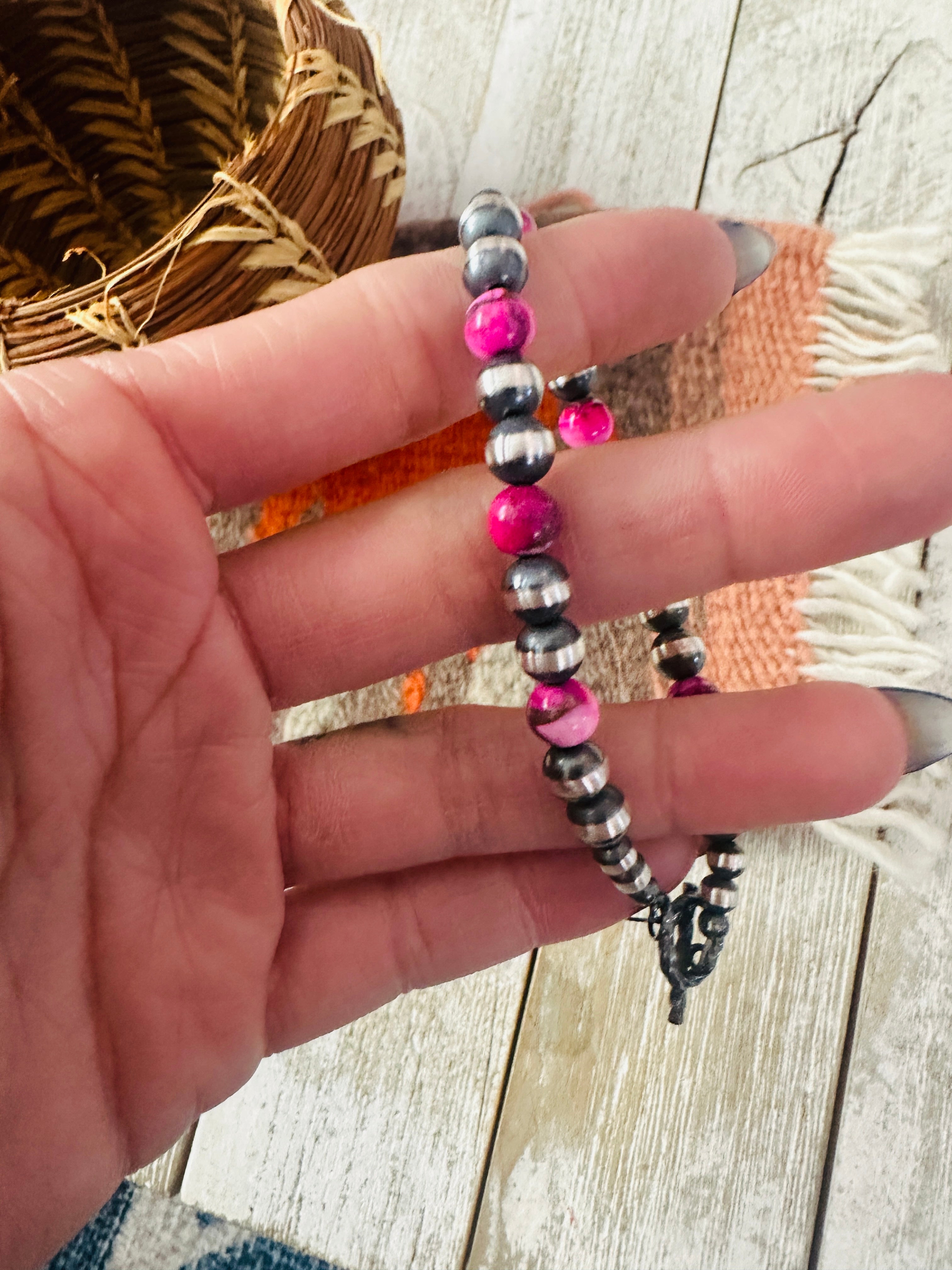 Handcrafted Pink Mojave and Sterling Silver Pearl Beaded Bracelet