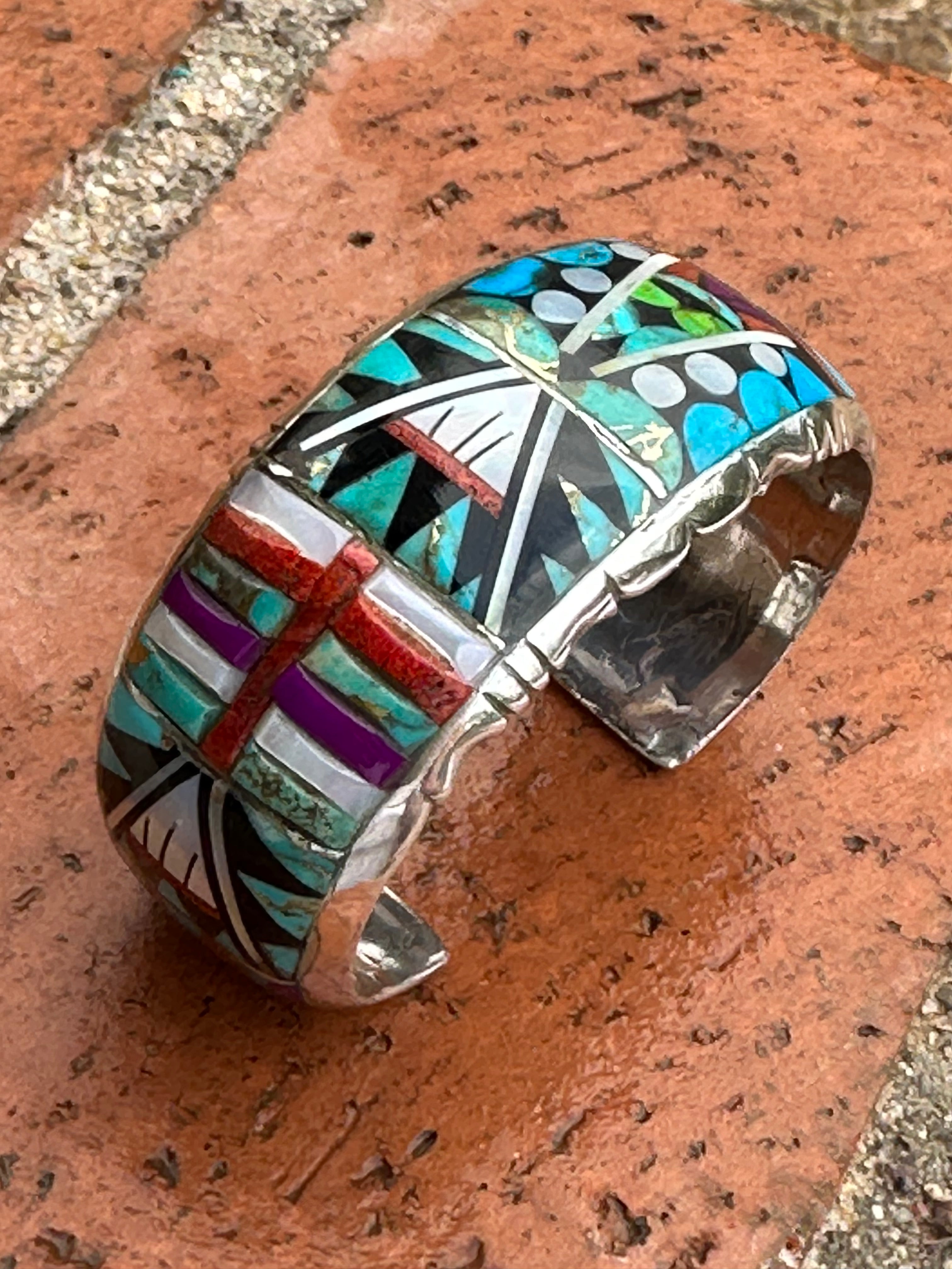 Handmade Sterling Silver Multi Stone Mosaic Inlay Cuff