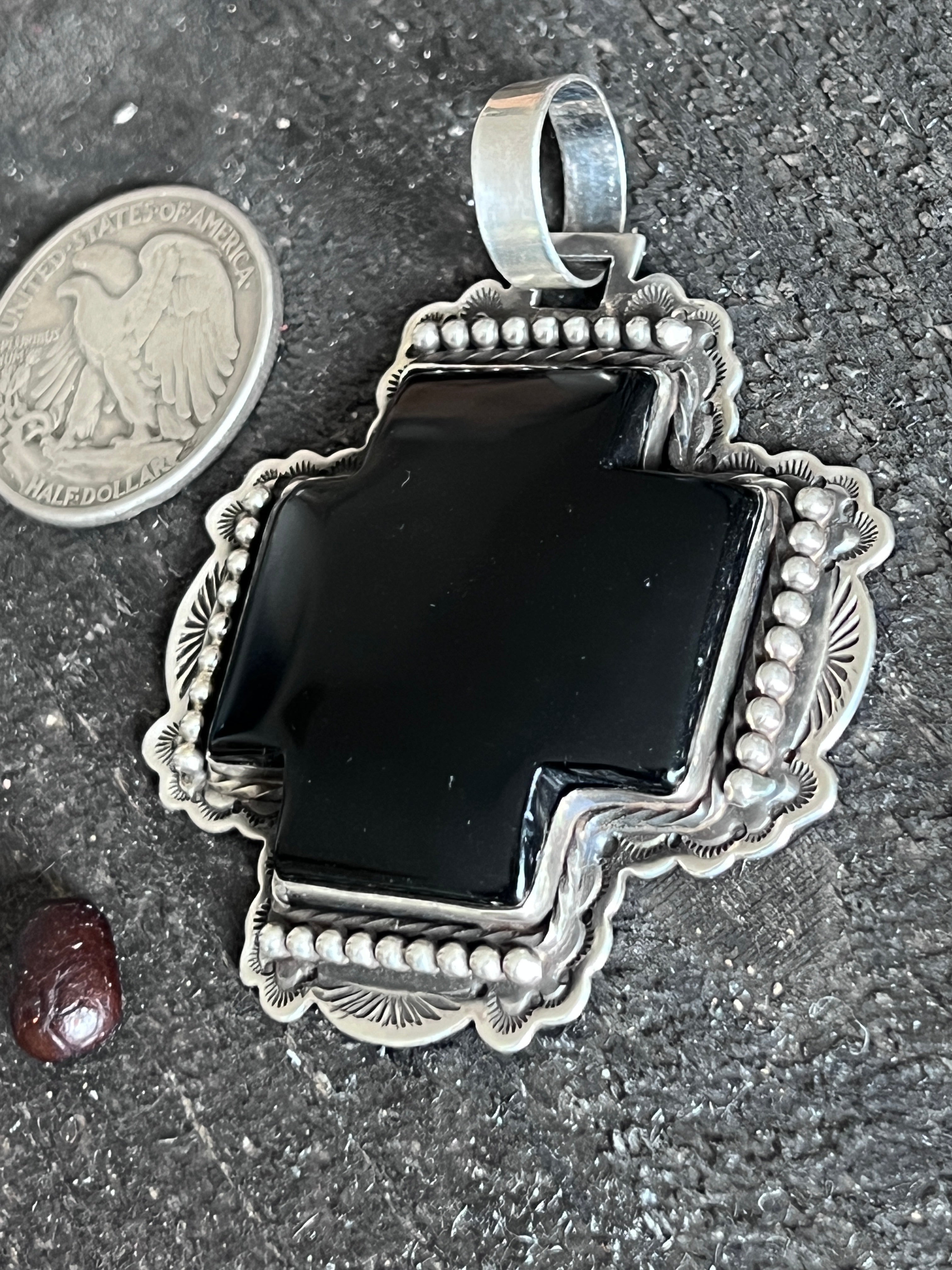 Hand Stamped Sterling Silver & Black Marble Santa Fe Cross Pendant by Kimari Somers