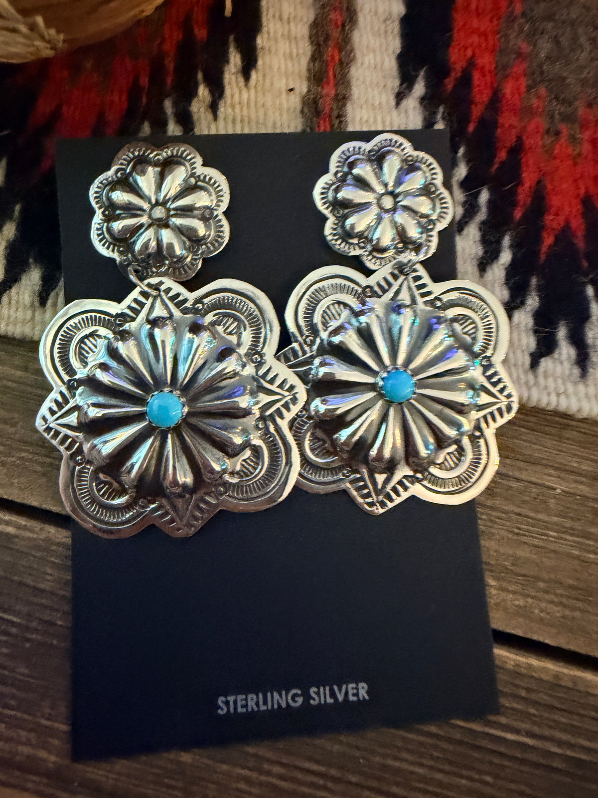 Handcrafted Turquoise & Sterling Silver Concho Dangle Earrings by Genevieve Blackgoat