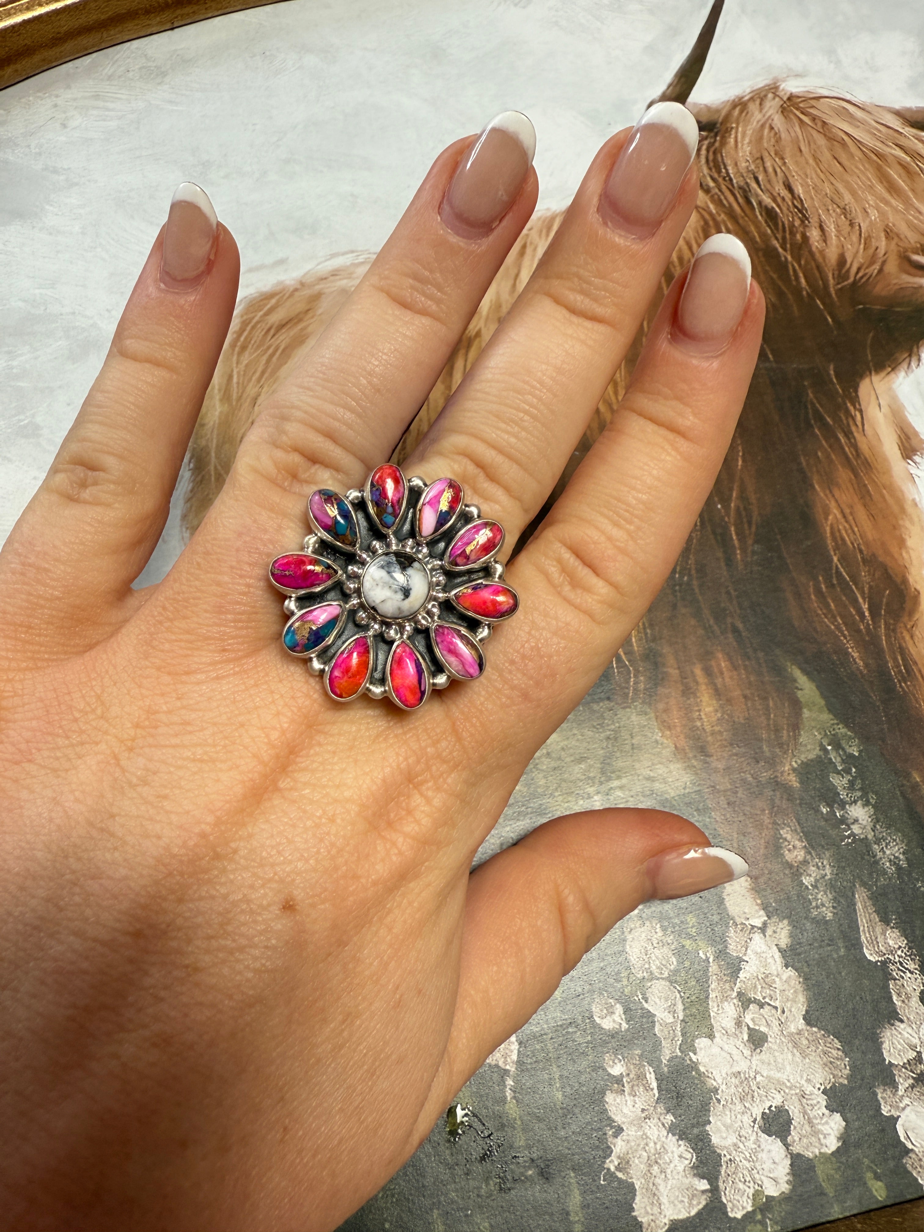 Handmade Pink Dream Mojave, White Buffalo And Sterling Silver Adjustable Flower Ring