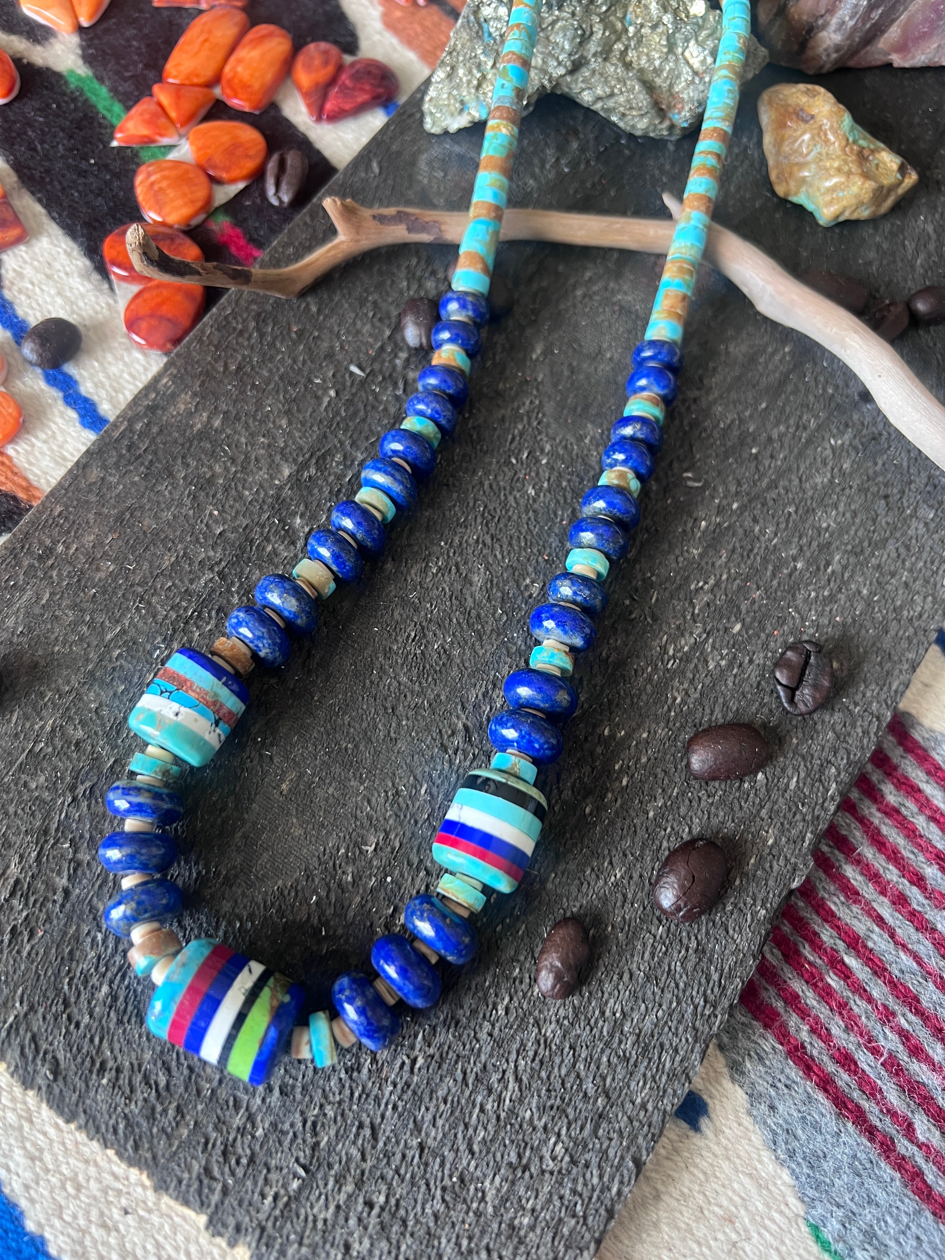Ronald Chavez Handcrafted Multistone Beaded Santo Domingo Necklace with Lapis Rondelles