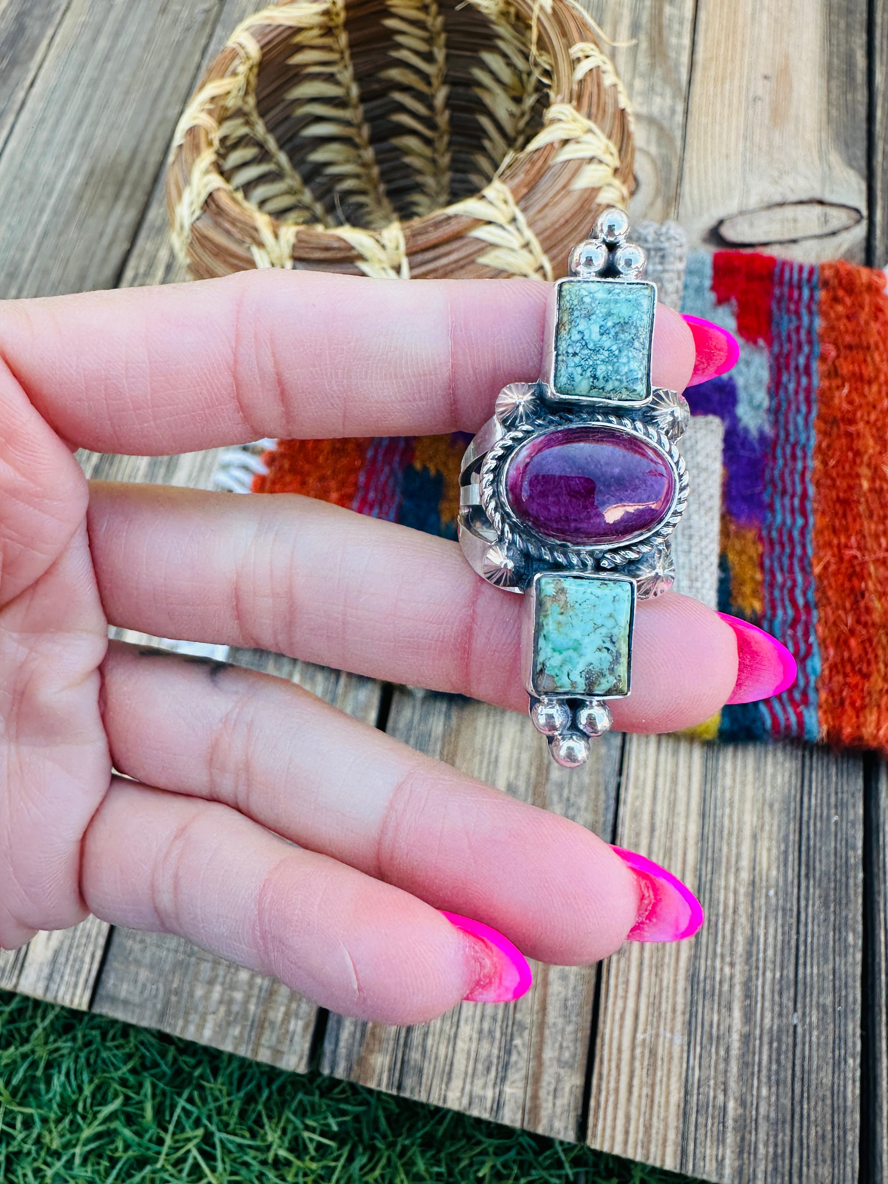 Handcrafted Turquoise, Spiny Oyster & Sterling Silver Ring 8 by Rosella Paxson