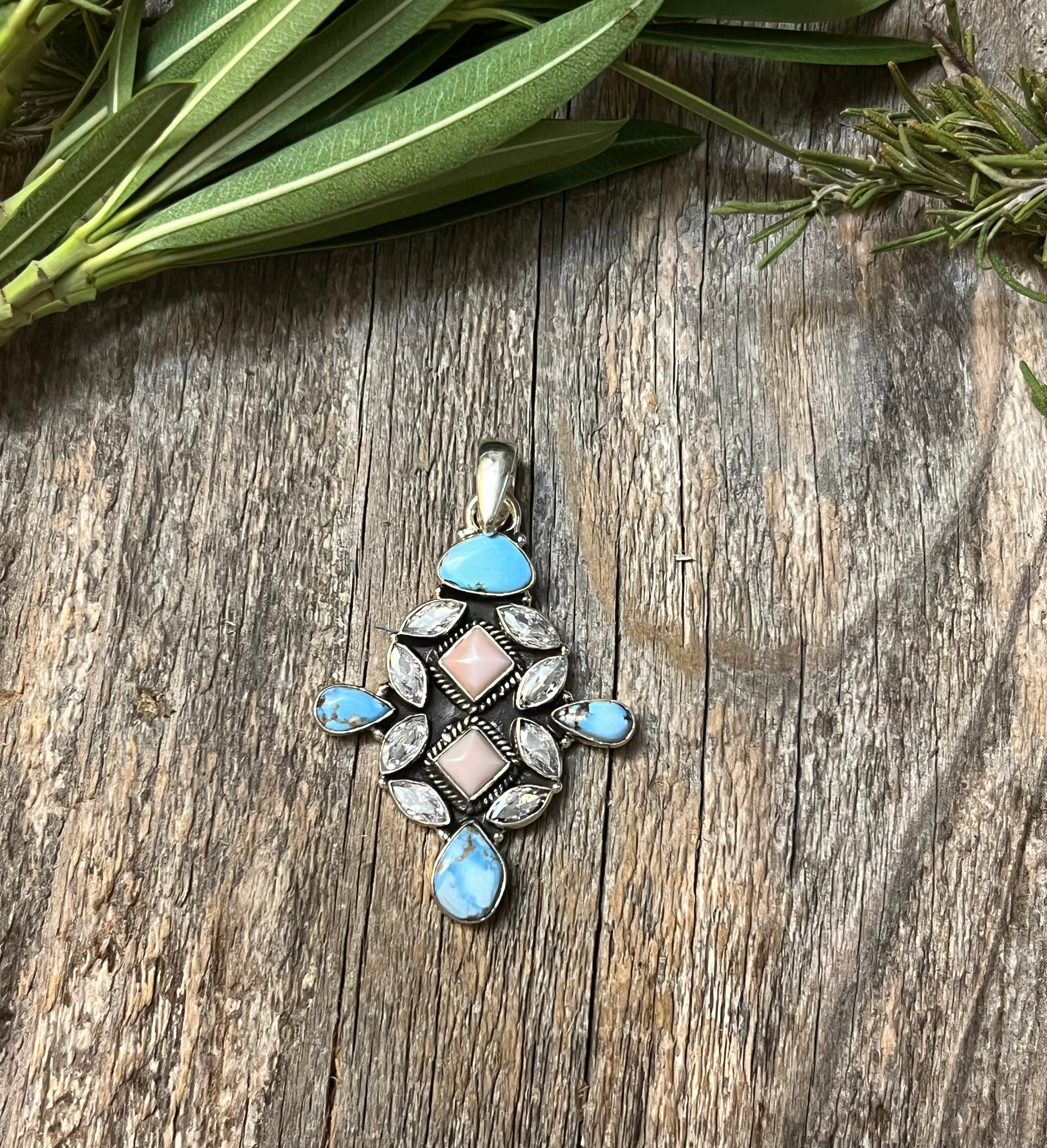 Handmade Golden Hills Turquoise & Pink Conch CZ Sterling Silver Pendant