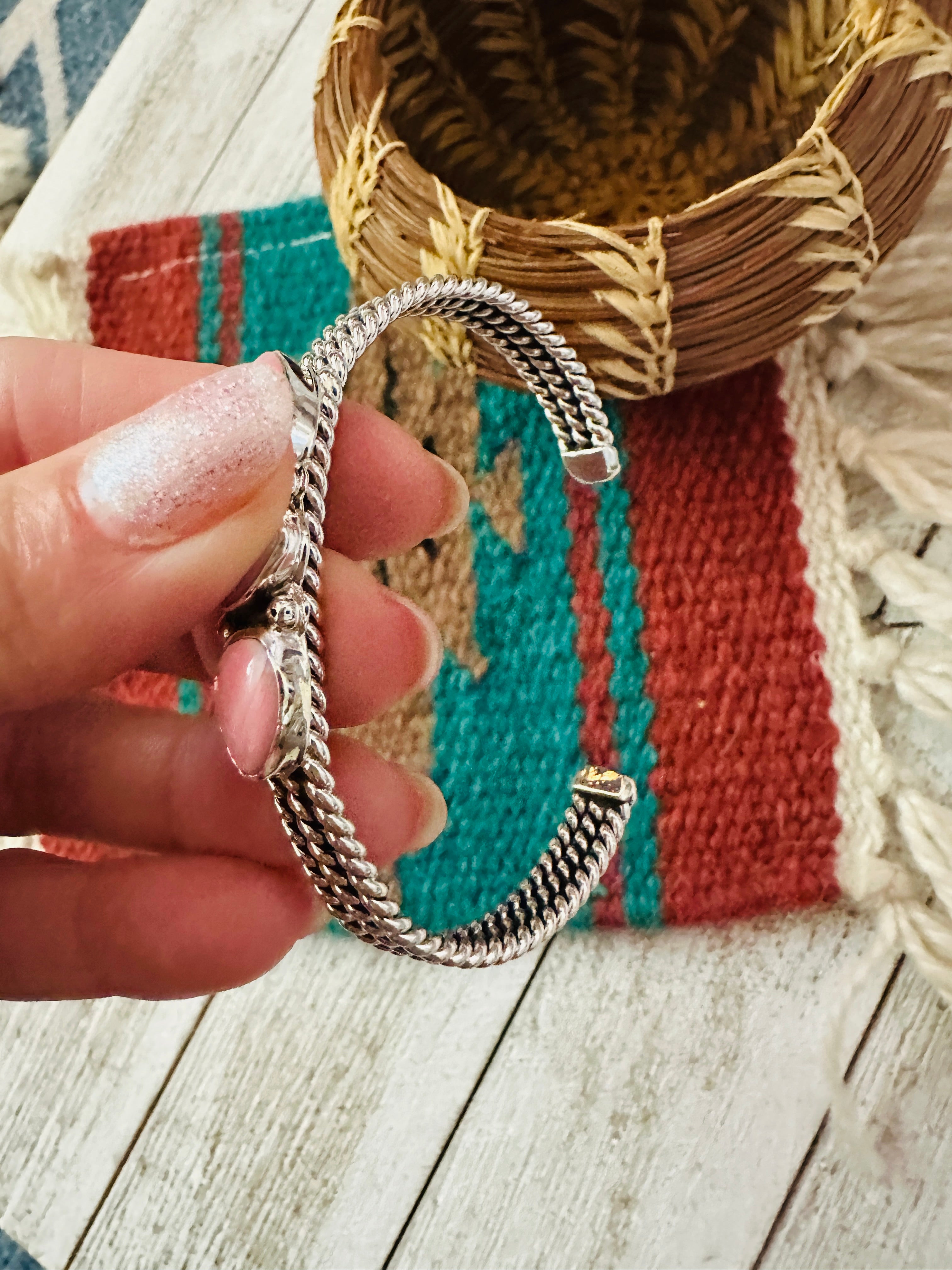 Handcrafted Queen Pink Conch Shell & Sterling Silver Heart Cuff Bracelet