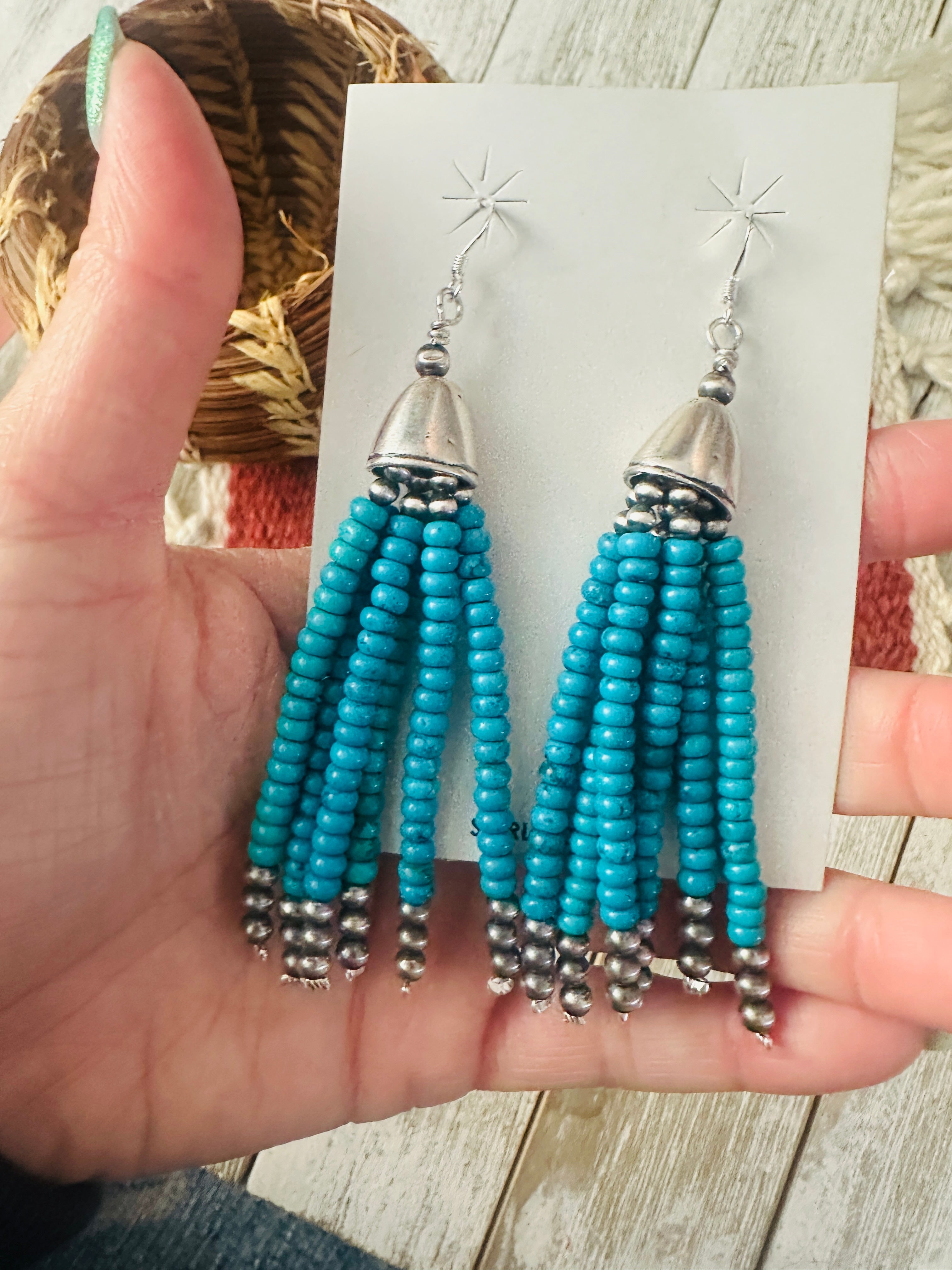 Handcrafted Turquoise & Sterling Silver Pearl Beaded Tassel Dangle Earrings