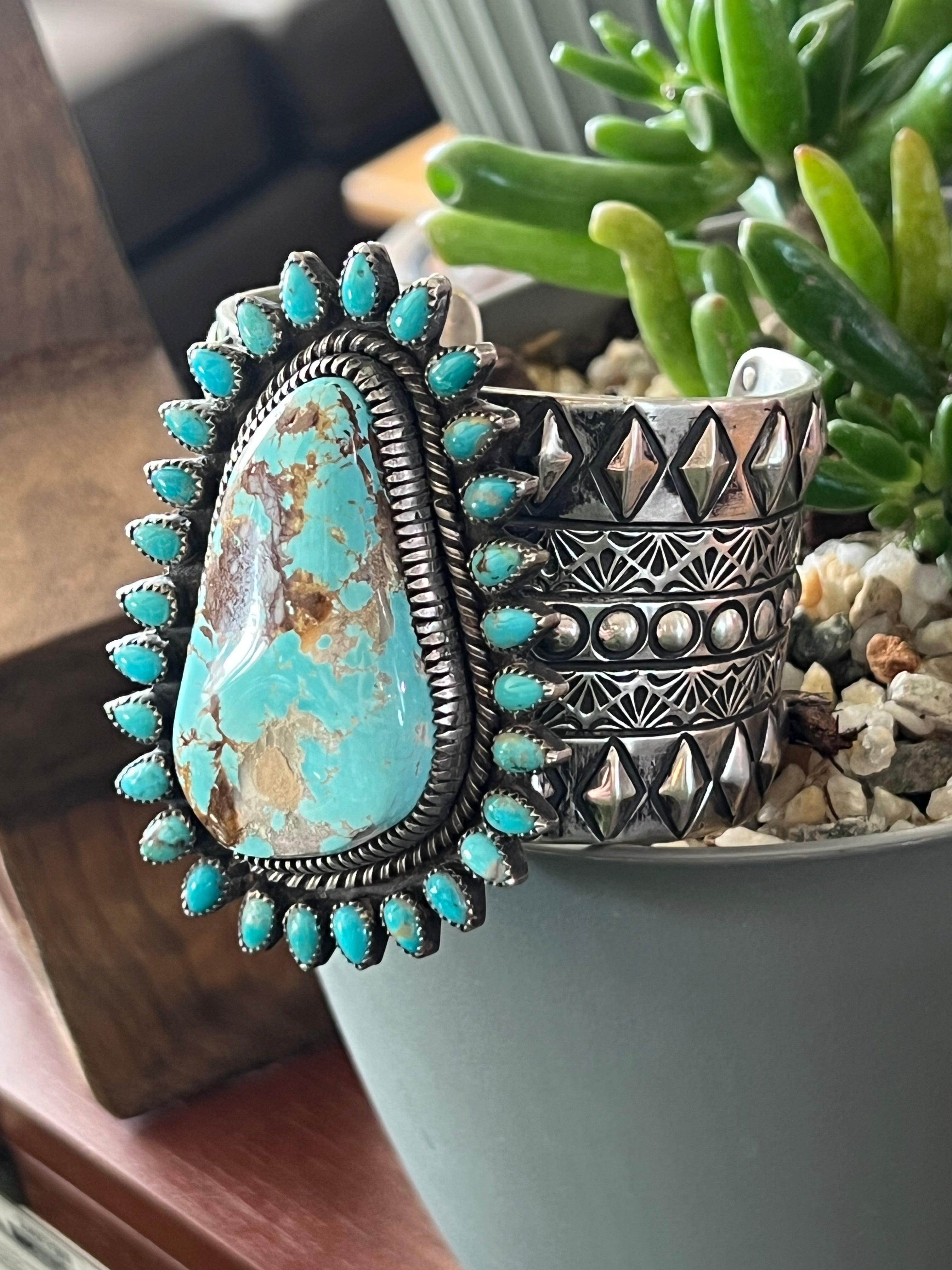 Sterling Silver & Royston Turquoise Cluster Cuff Bracelet by Glenn Livingston