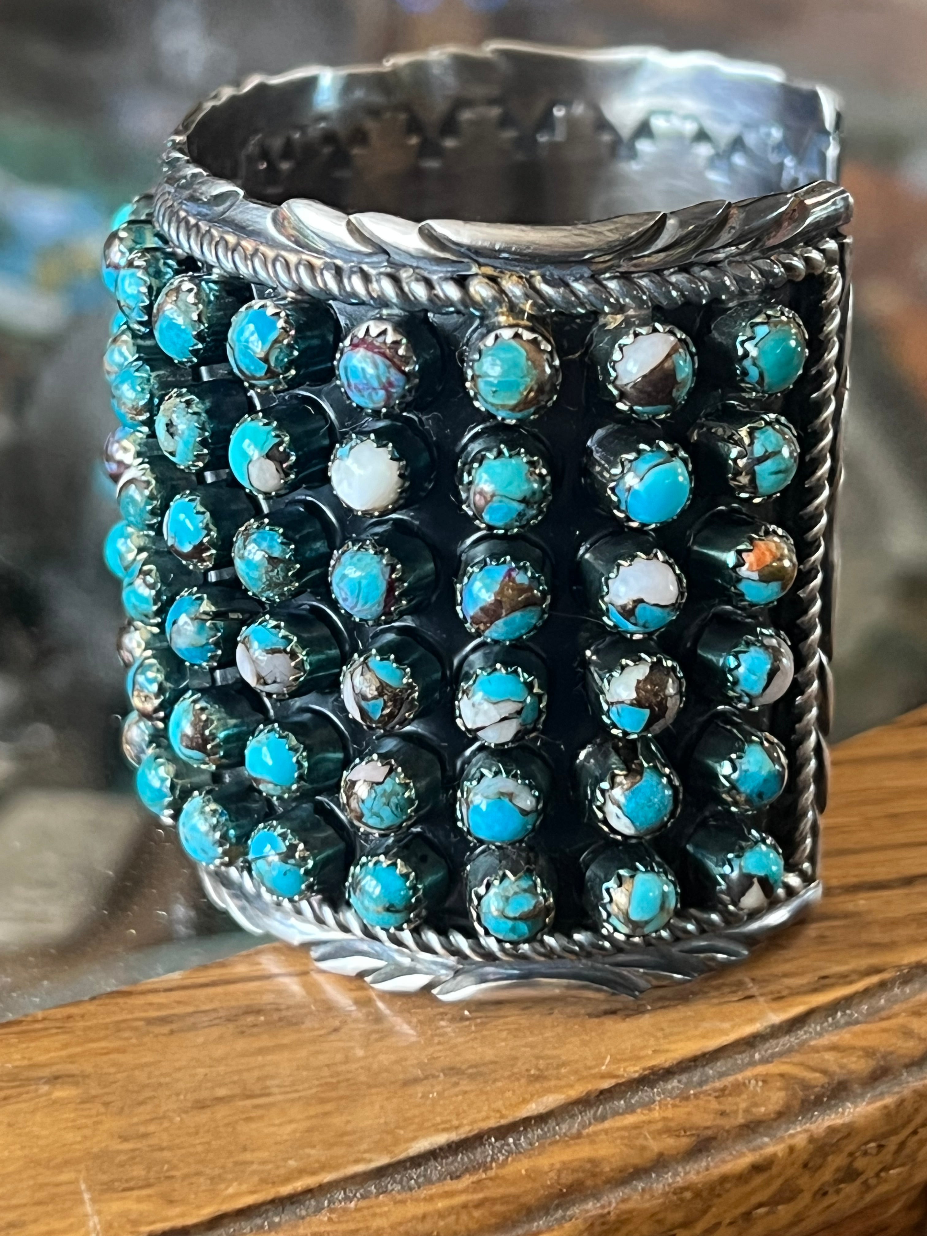 Handcrafted Sterling Silver and Blue Mohave Snake Eye Style Six Row Cuff Bracelet, Signed BJ