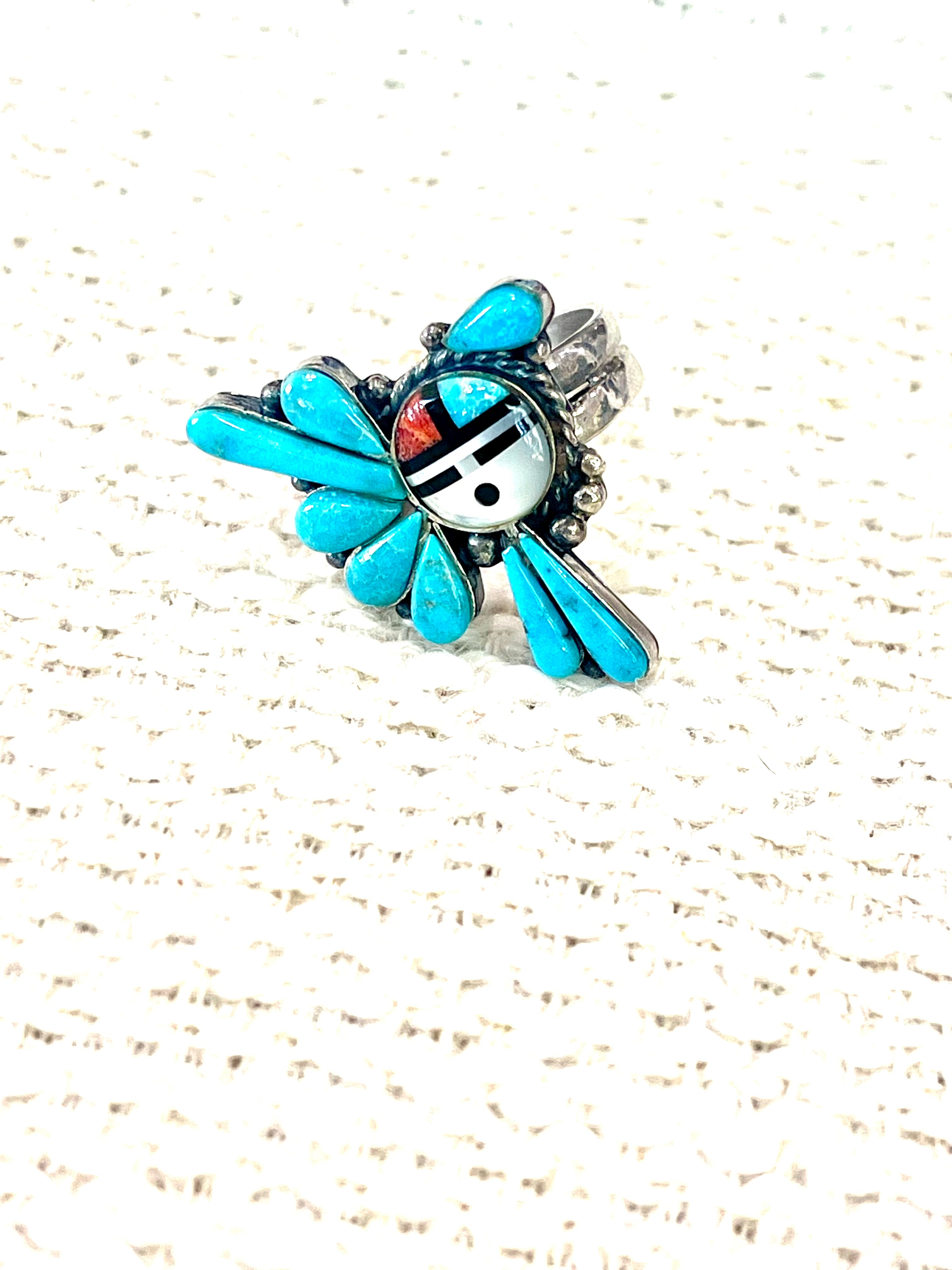 Handmade Sterling Silver, Turquoise & Multi Stone Sunface Adjustable Ring