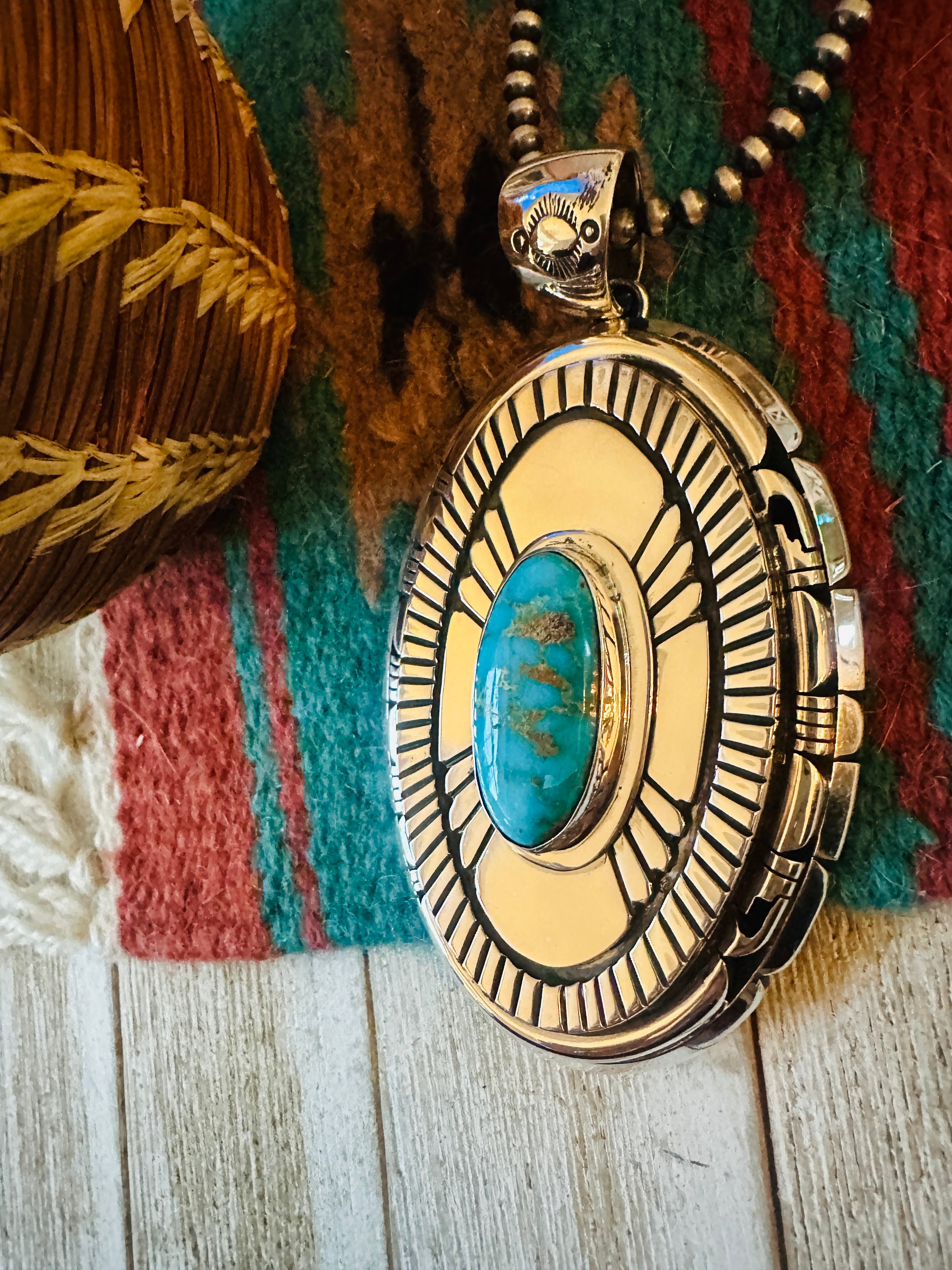 Handcrafted Sonoran Gold Turquoise & Sterling Silver Pendant, Signed LK