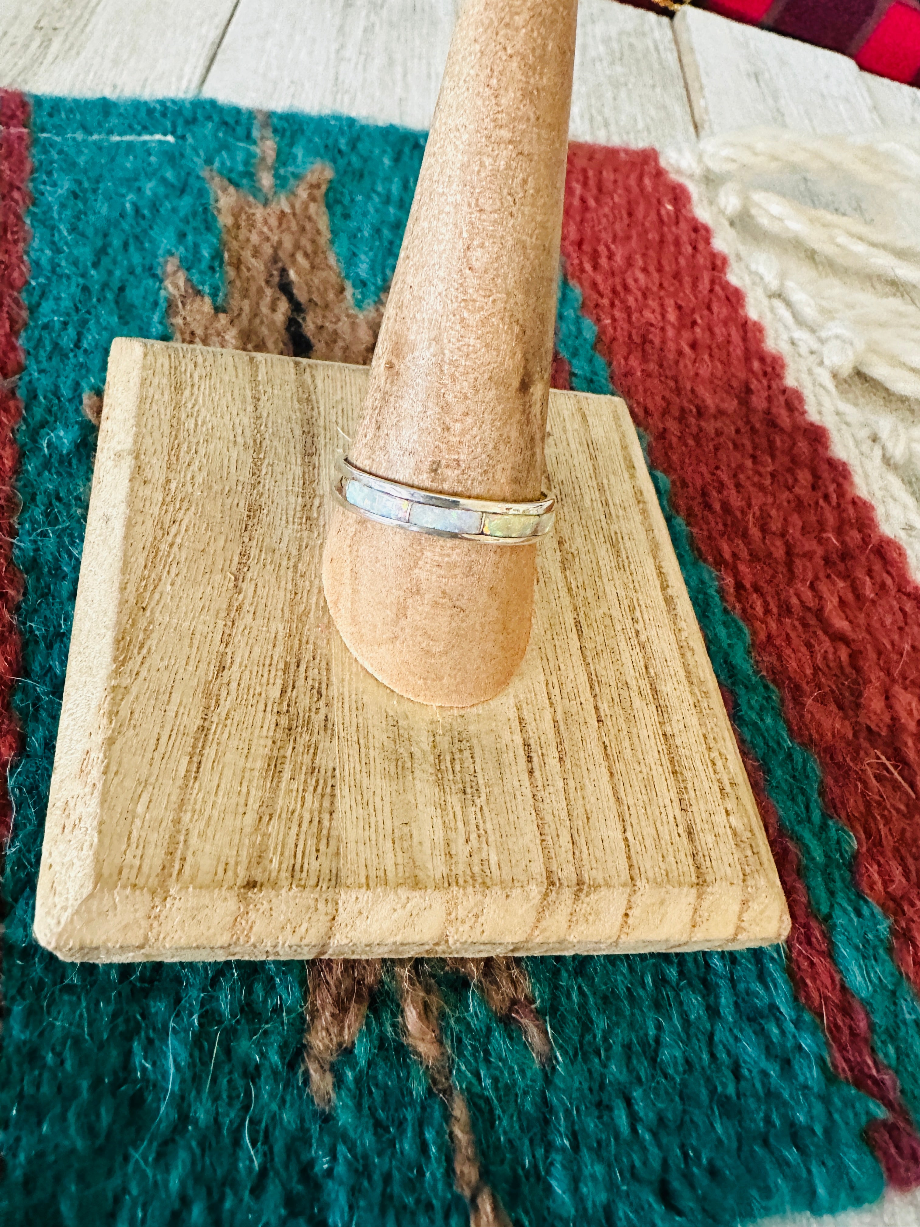 Handcrafted Sterling Silver & White Opal Inlay Band Ring