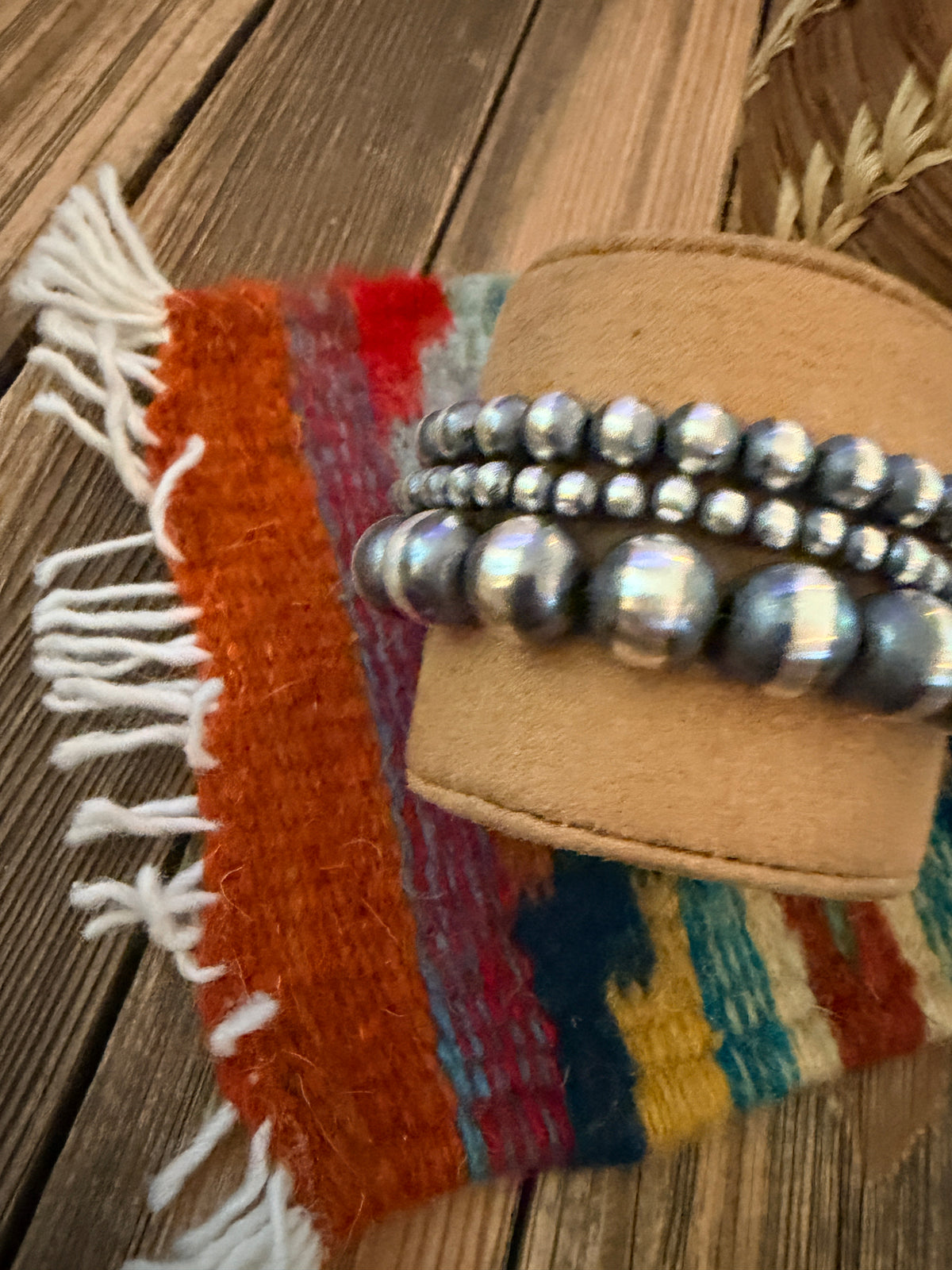 Handcrafted Sterling Silver Pearl Triple Strand Beaded Bracelet 8"