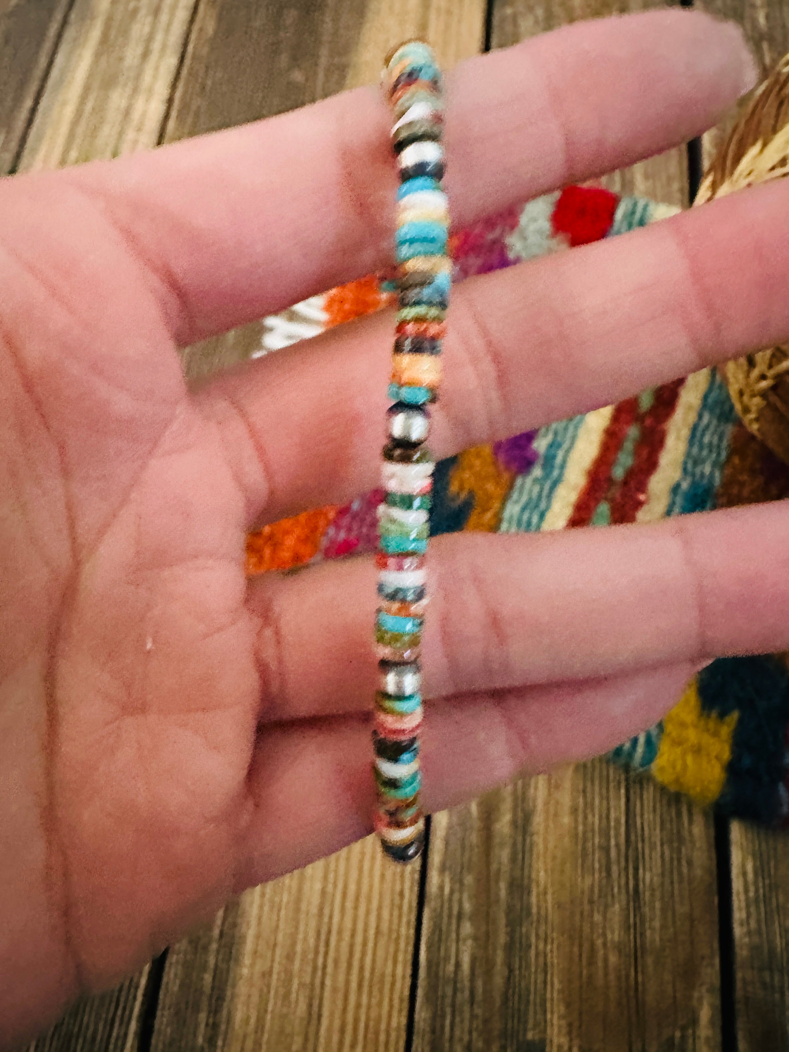 Handcrafted Turquoise, Spiny & Sterling Silver Pearl Beaded Bracelet 7”