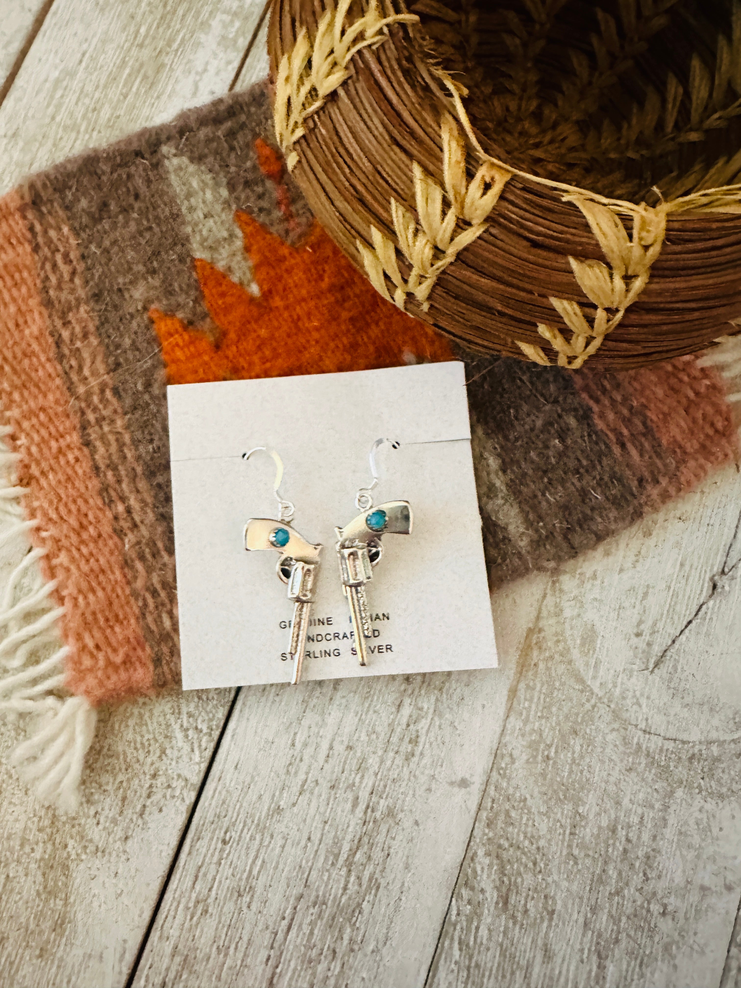 Handcrafted Turquoise And Sterling Silver Pistol Dangle Earrings