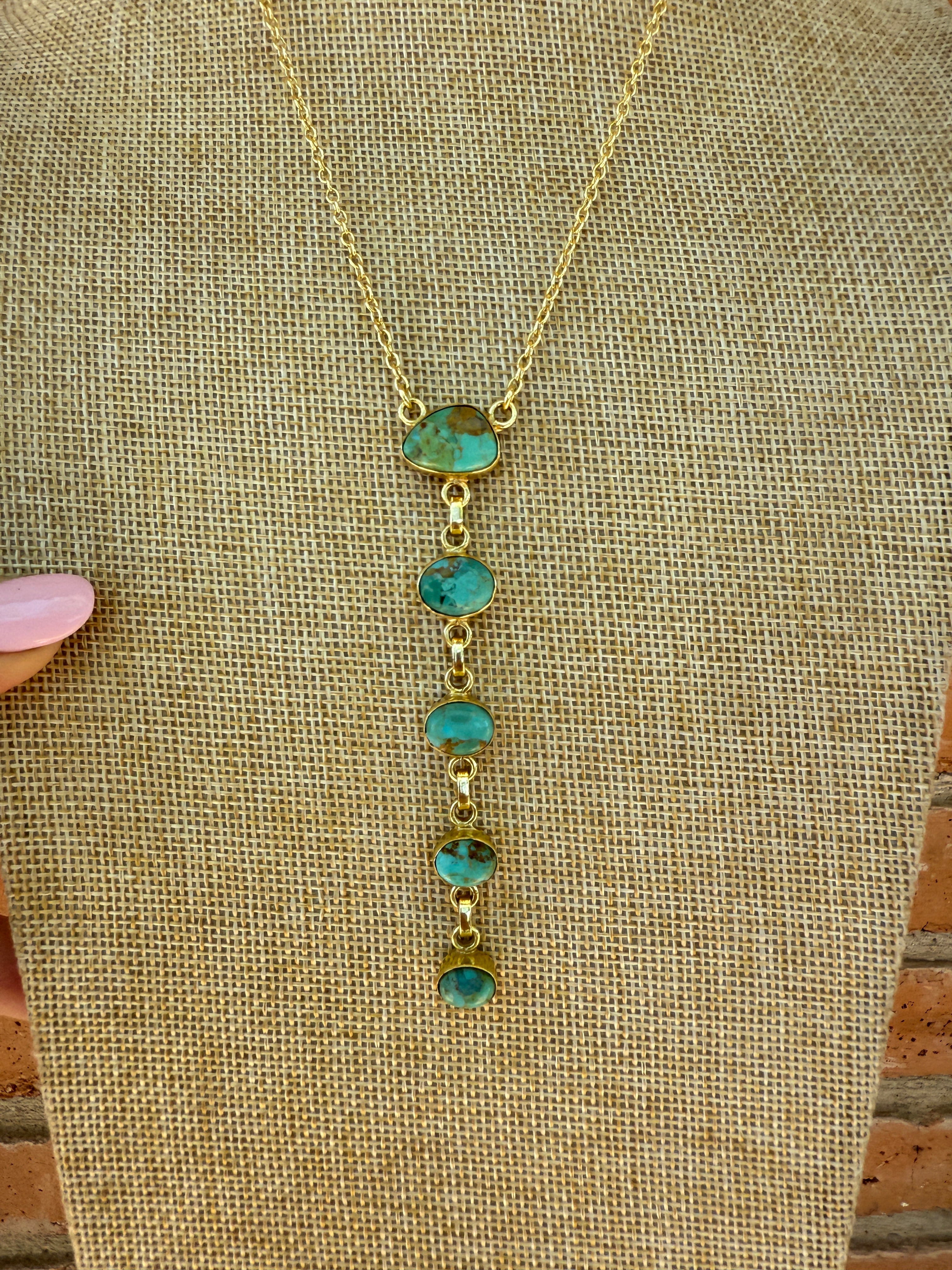“The Golden Collection” Natural Turquoise 5 Stone Drop Handmade Gold Plated Necklace style 2