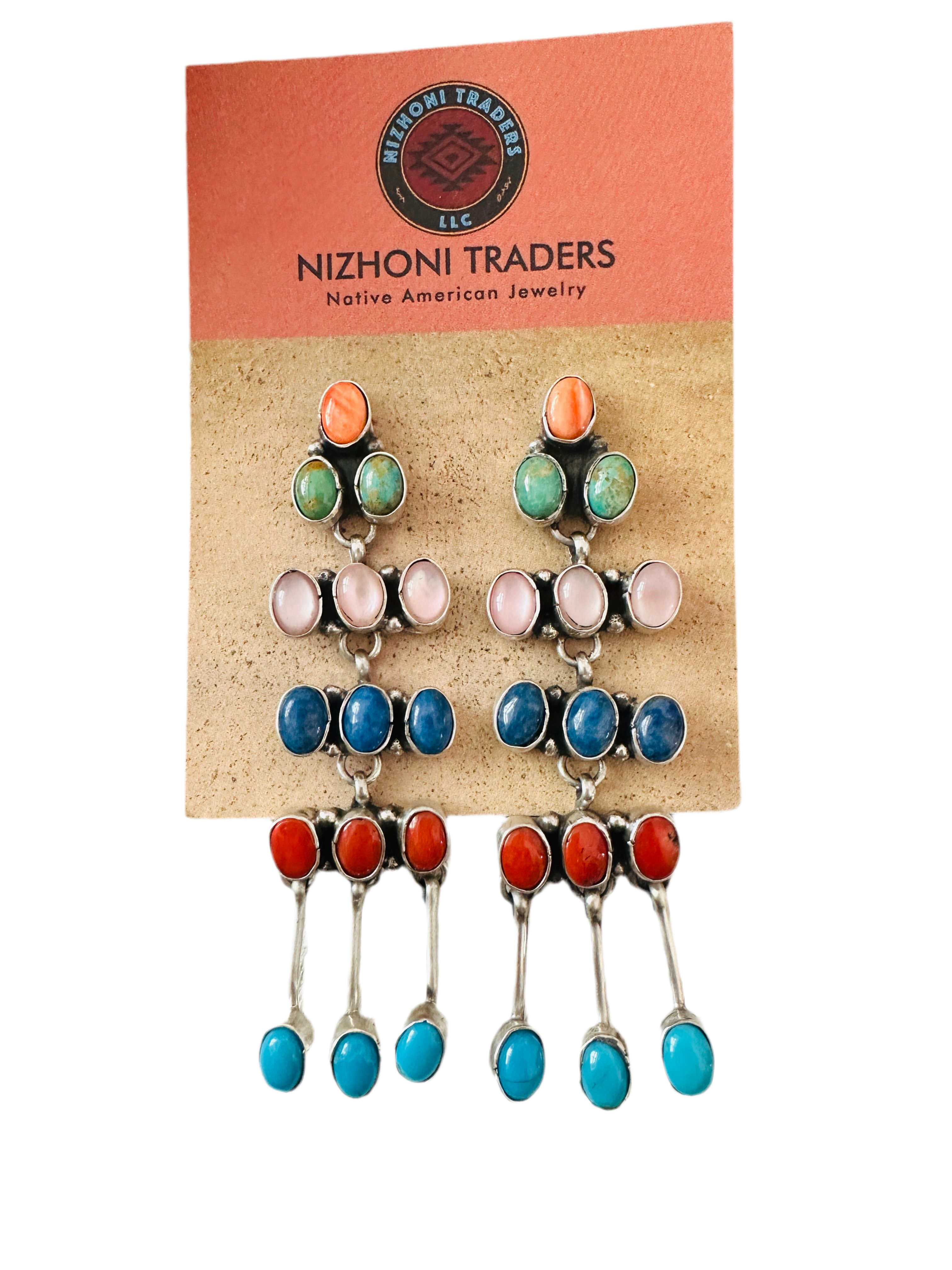 Navajo Multi Stone & Sterling Silver Chandelier Dangle Earrings