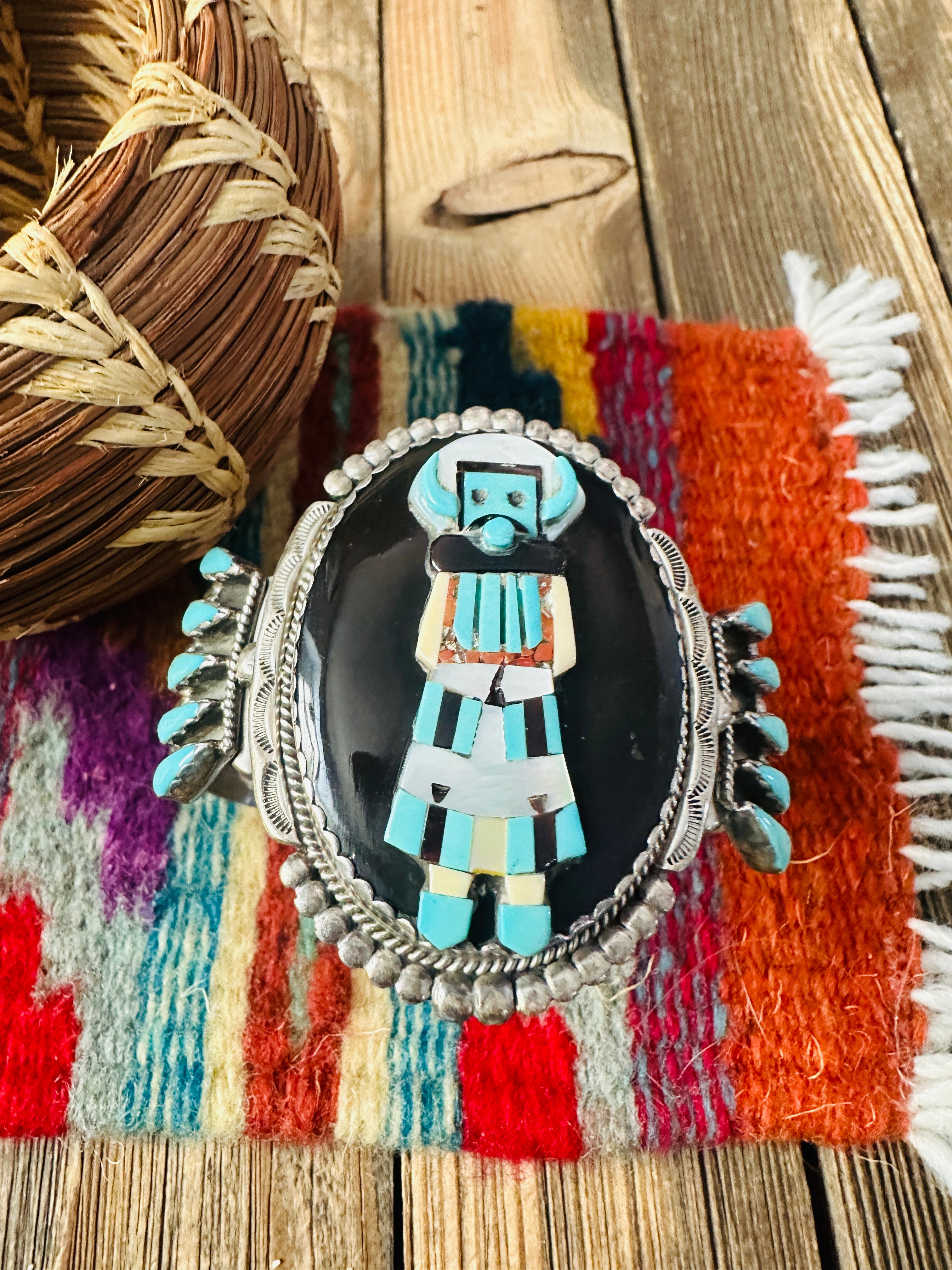 Handcrafted Old Pawn Sterling Silver & Multi Stone Inlay Kachina Cuff Bracelet