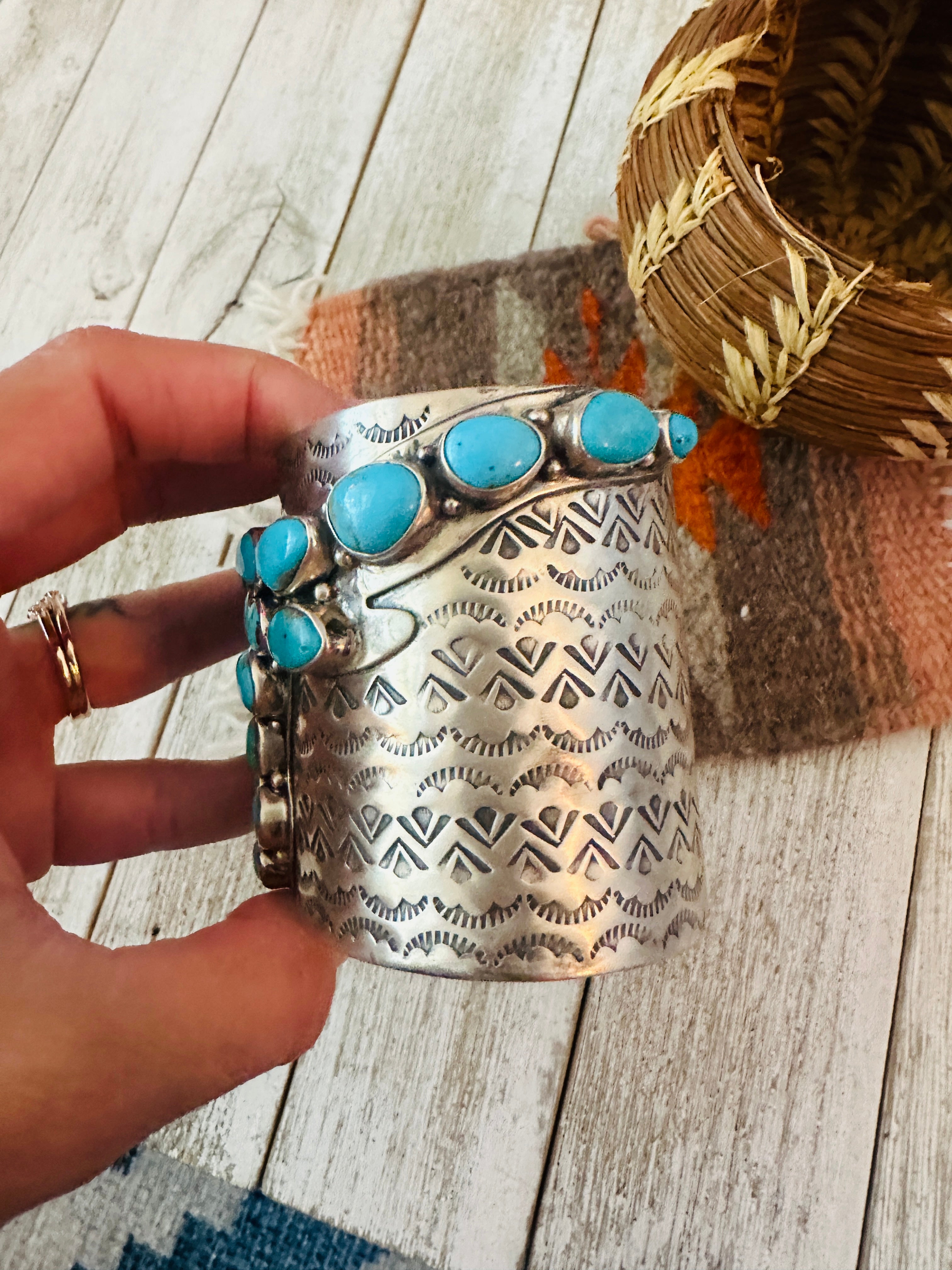 Handcrafted Sterling Silver & Turquoise Bullhead Cluster Cuff Bracelet /