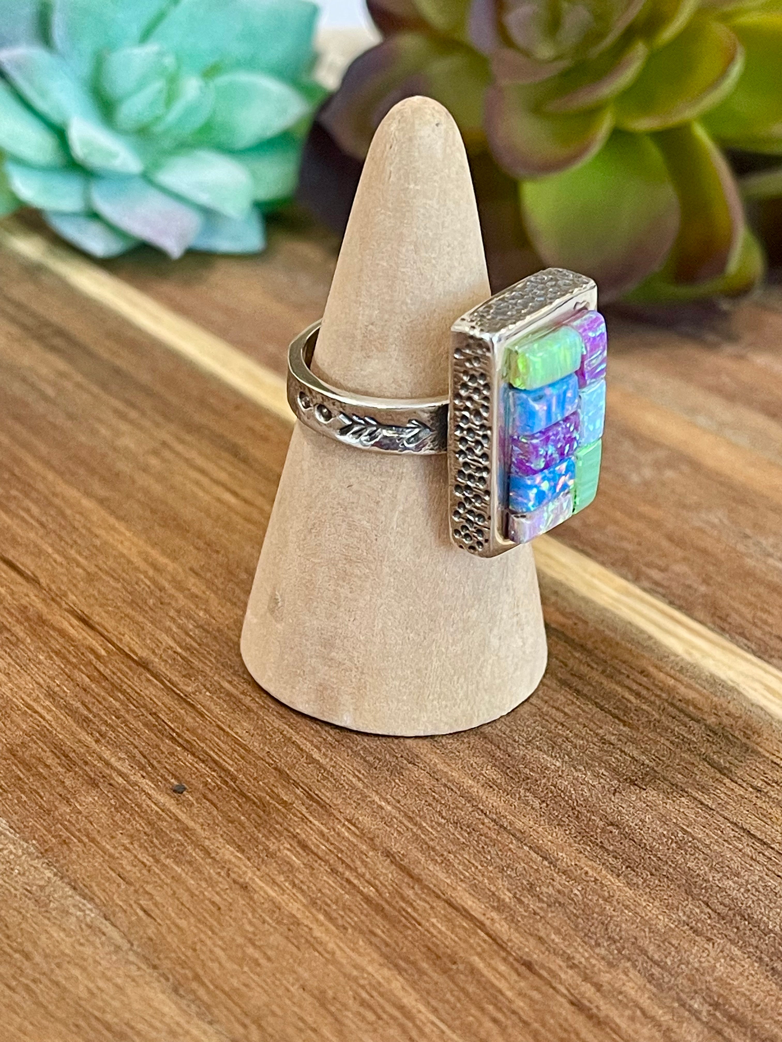 Handmade Sterling Silver & Multi Stone Inlay Ring Size 7.75
