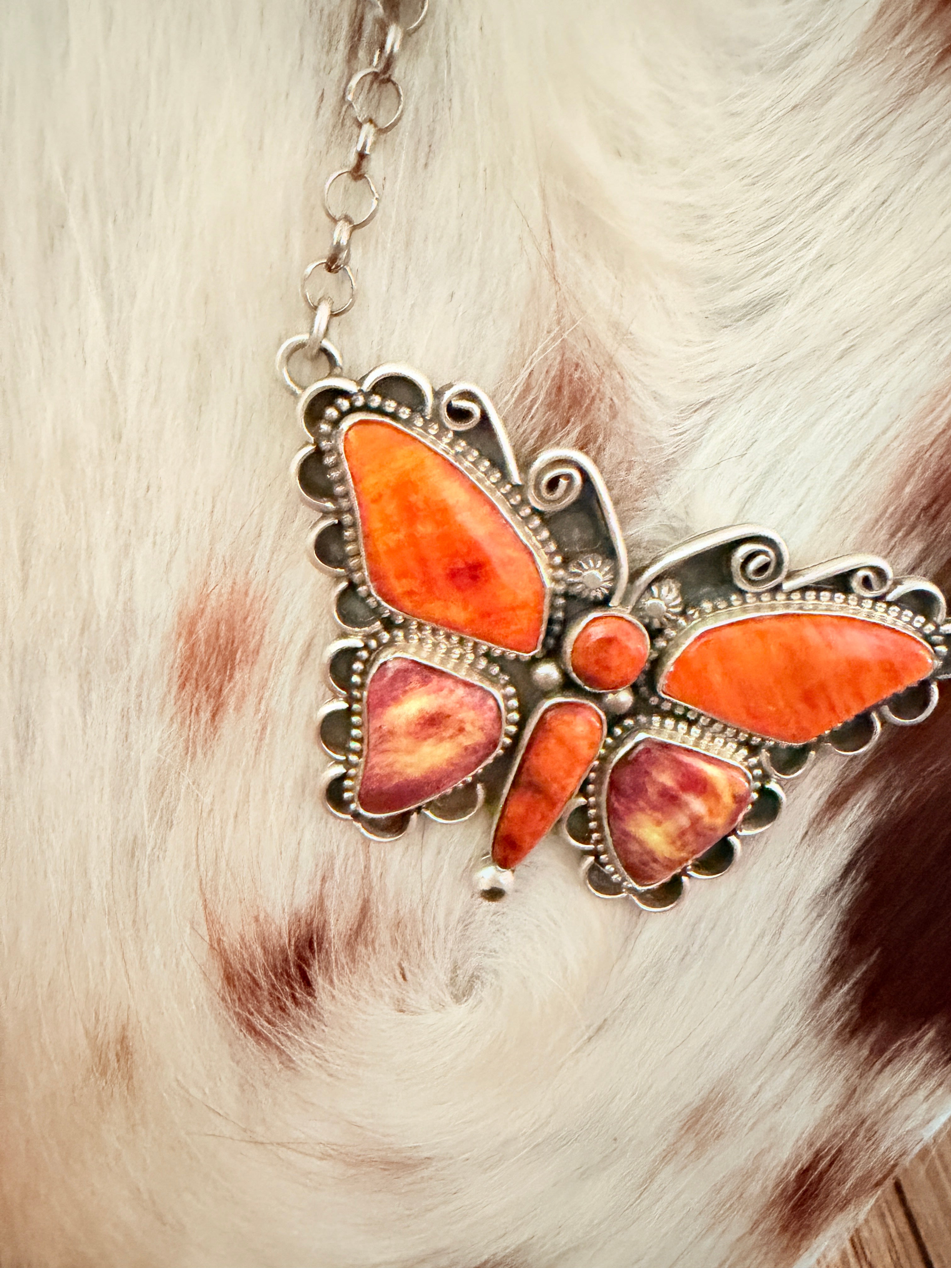 Handcrafted Spiny Oyster & Sterling Silver Butterfly Necklace by Charles Johnson