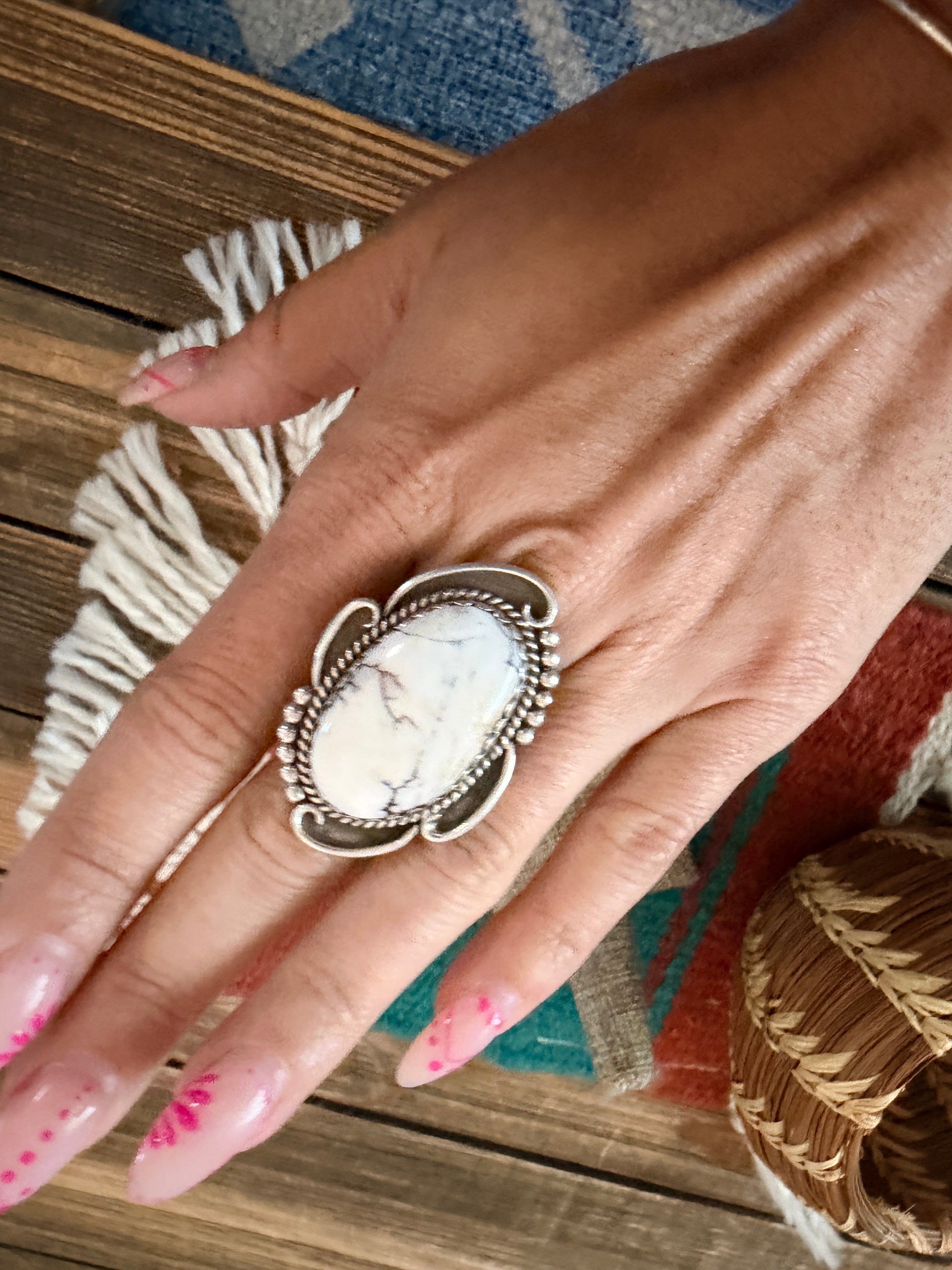 Old Pawn Handcrafted White Buffalo & Sterling Silver Ring Size 6.75