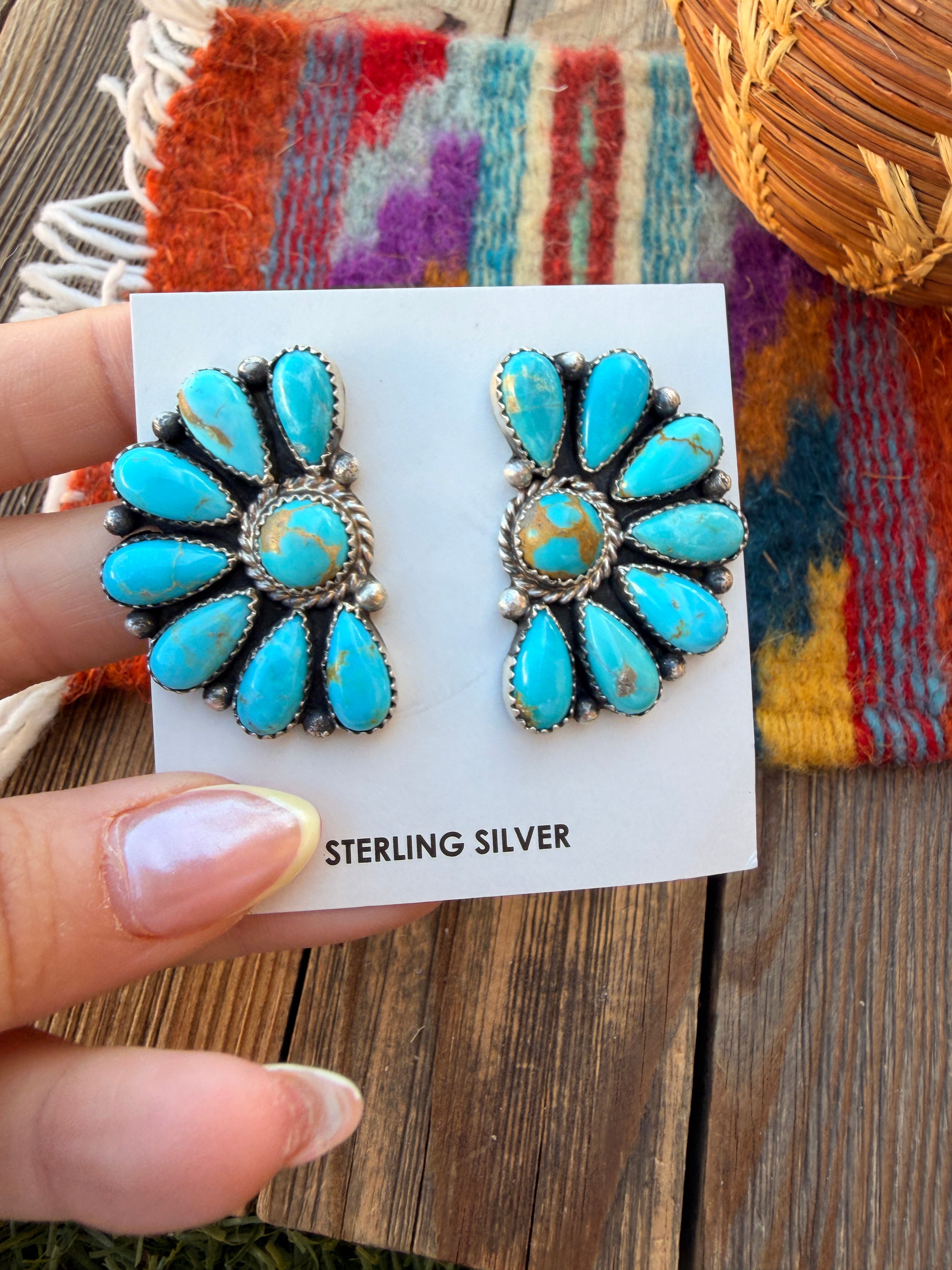 Handcrafted Turquoise & Sterling Silver Cluster Post Earrings by Effie Garfield