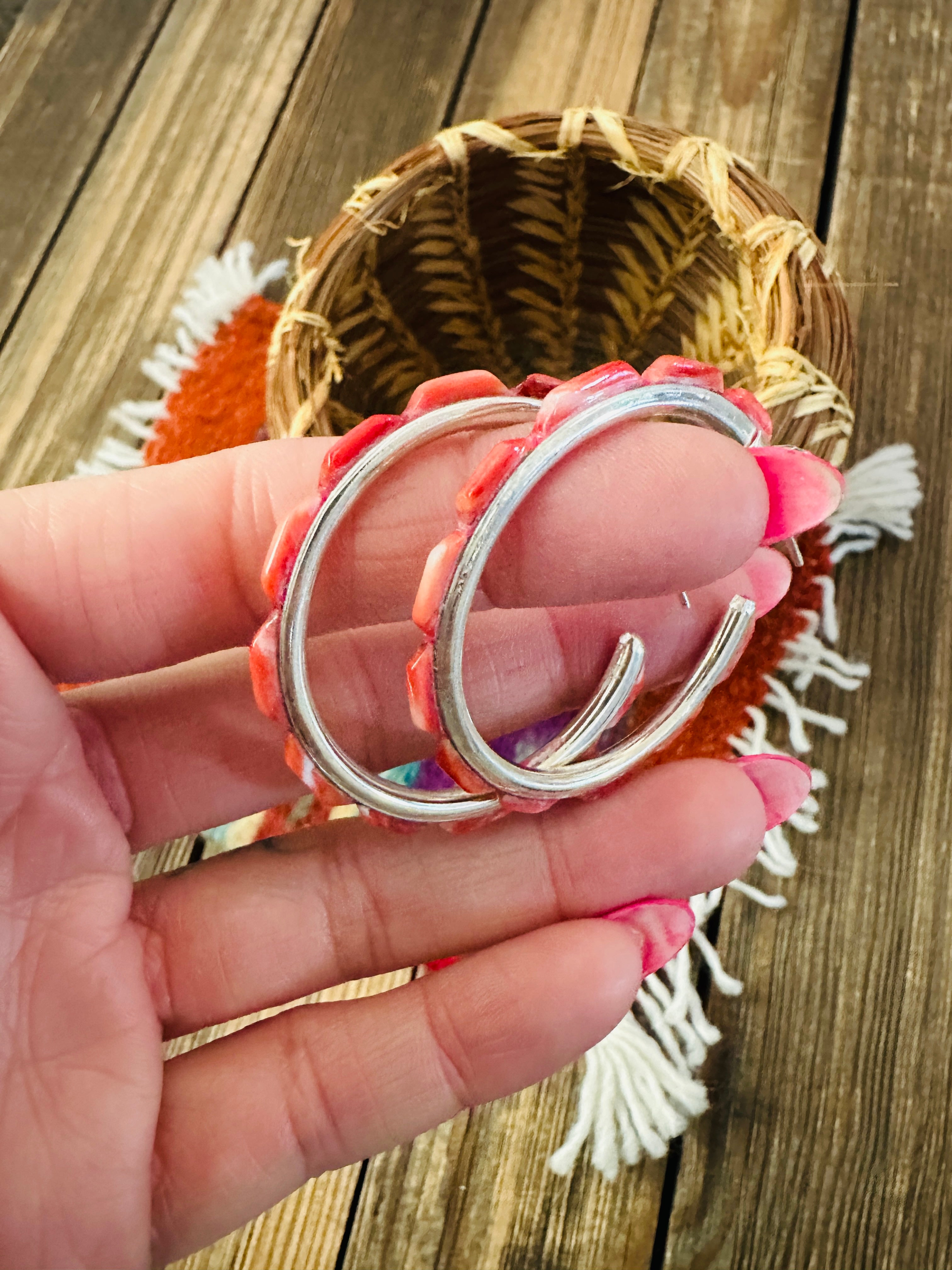 Handcrafted Spiny Oyster & Sterling Silver Hoop Earrings by Federico Jimenez