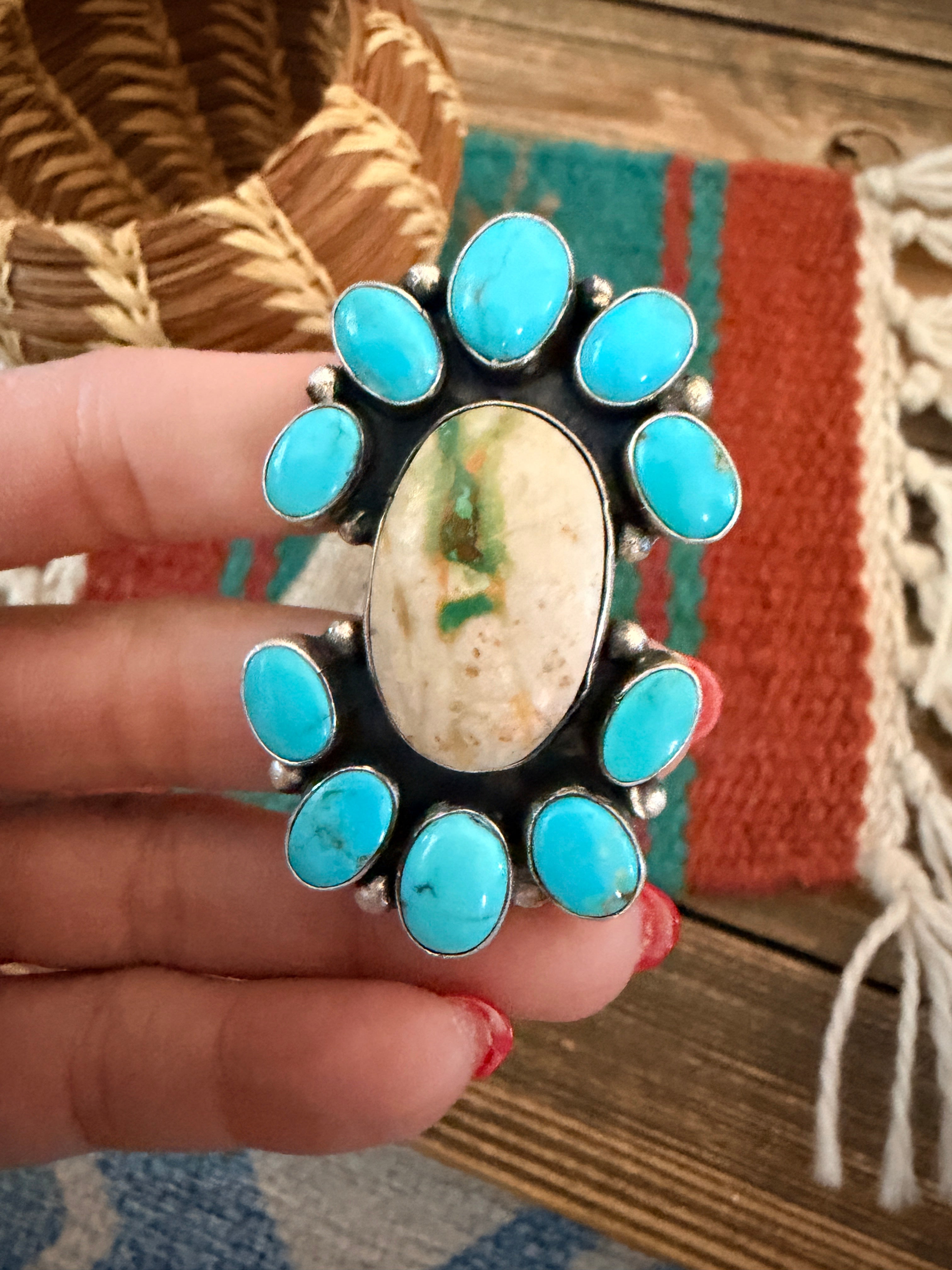 Handcrafted Multi Turquoise & Sterling Silver Ring Size 5.75 by Ella Peter