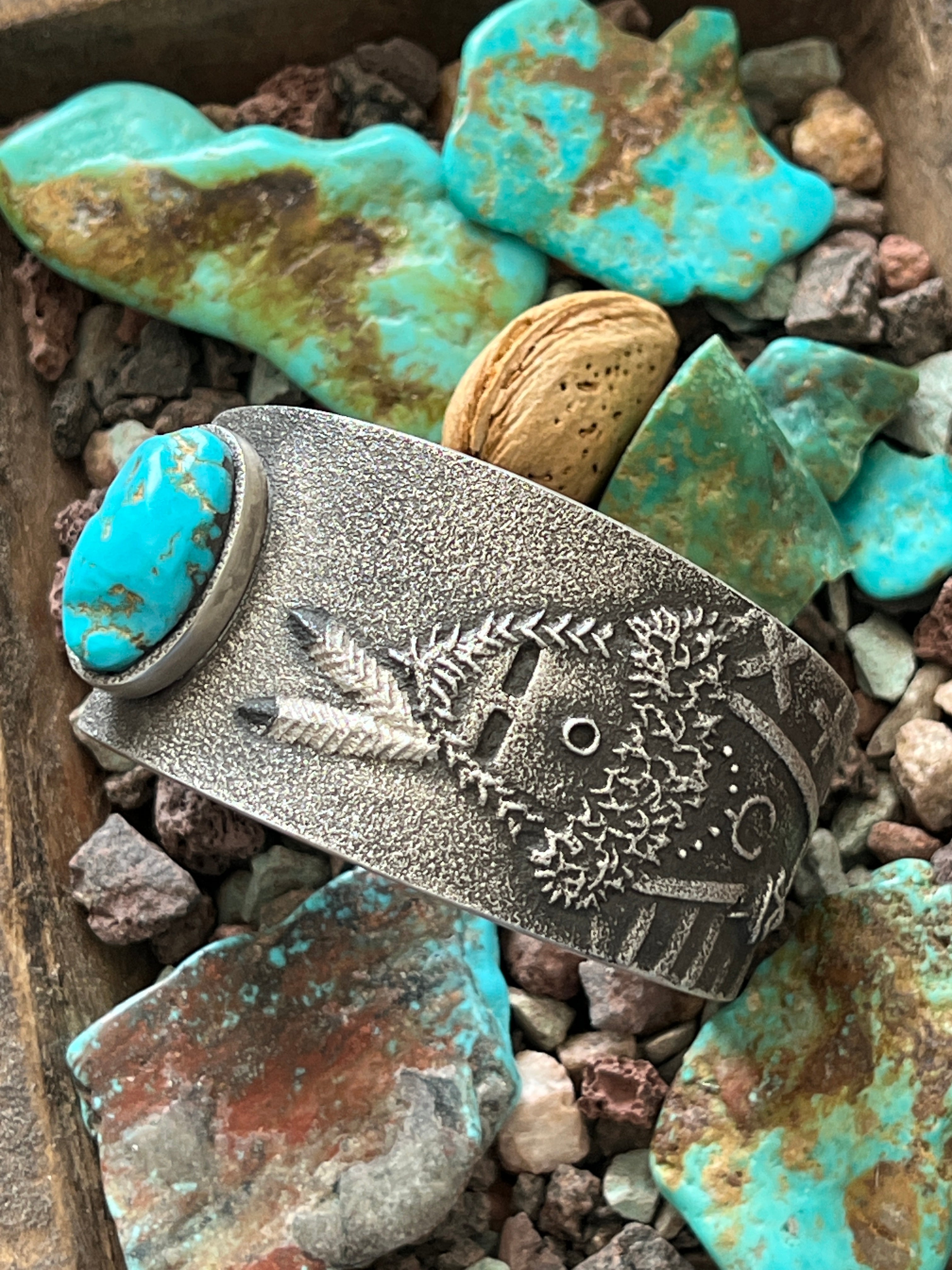 Navajo Tufa Cast Sterling Mudhead Cuff Bracelet with Kingman Turquoise by Lee Begay