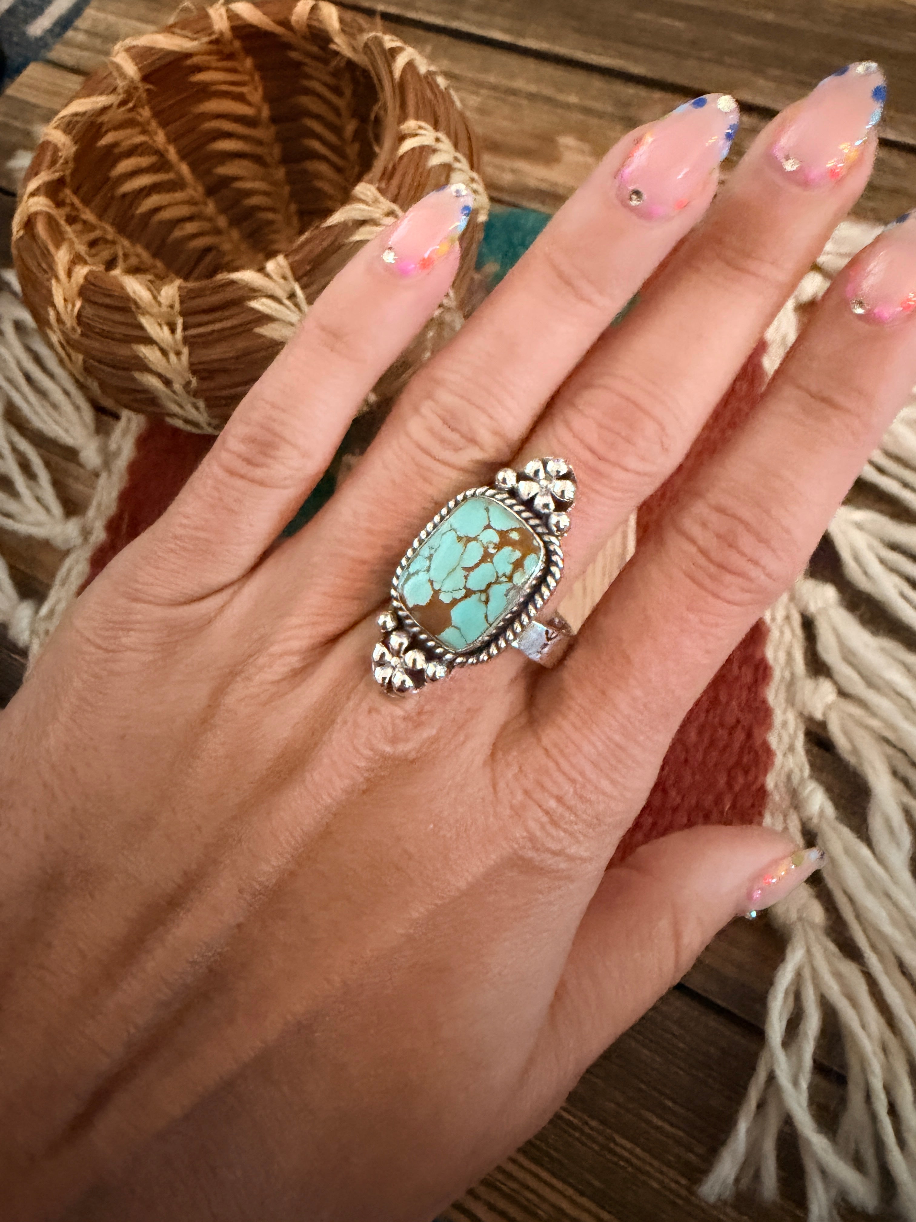 Handmade Sterling Silver Number 8 Turquoise Adjustable Ring Signed Nizhoni